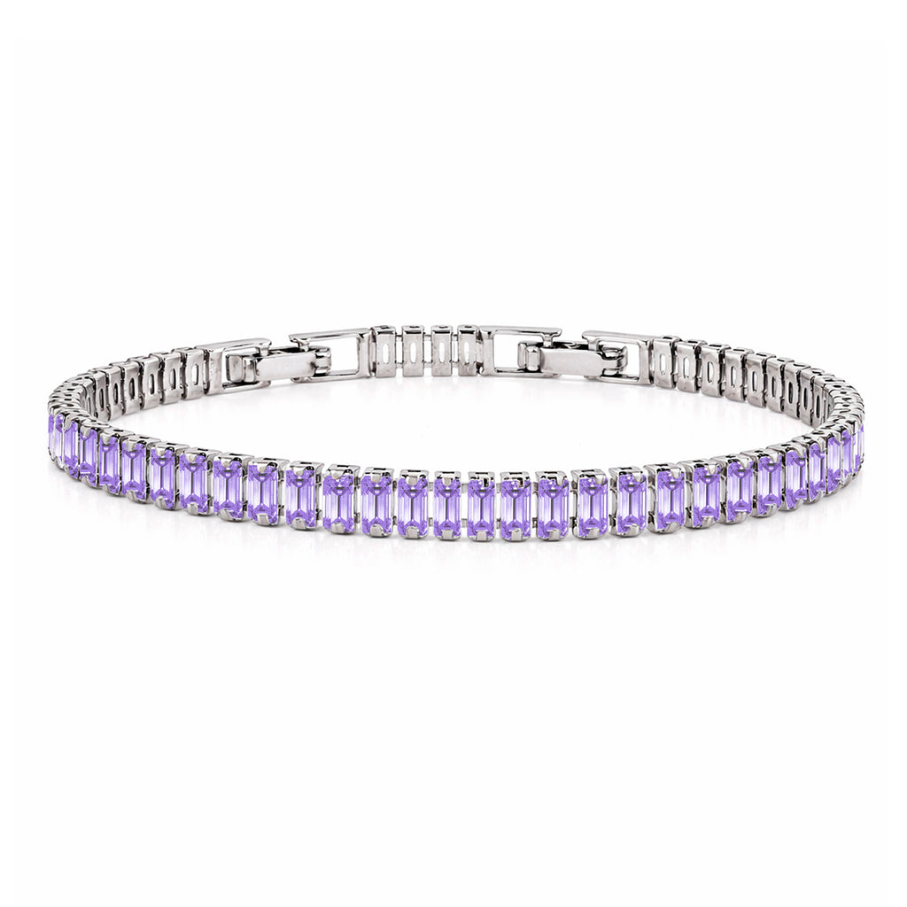 JeenMata 5.5 Carat February Amethyst - Emerald Cut Birthstone Tennis Bracelet Eternity Design - White Gold Plating, Female, Adult