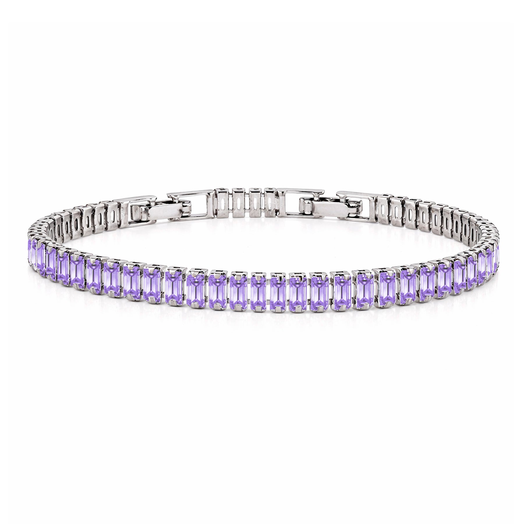JeenMata 5.5 Carat February Amethyst - Emerald Cut Birthstone Tennis Bracelet Eternity Design - White Gold Plating, Female, Adult