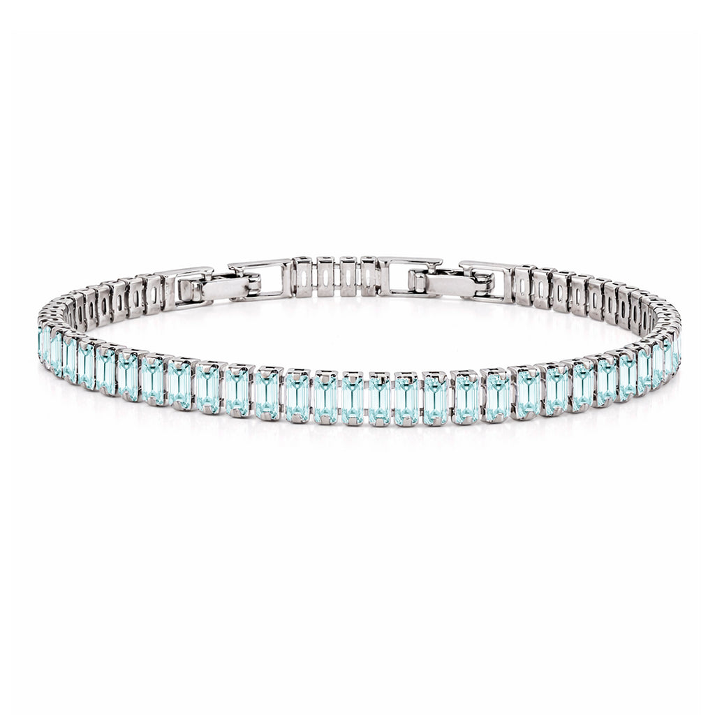JeenMata 5.5 Carat March Aquamarine - Emerald Cut Birthstone Tennis Bracelet Eternity Design - White Gold Plating, Female, Adult