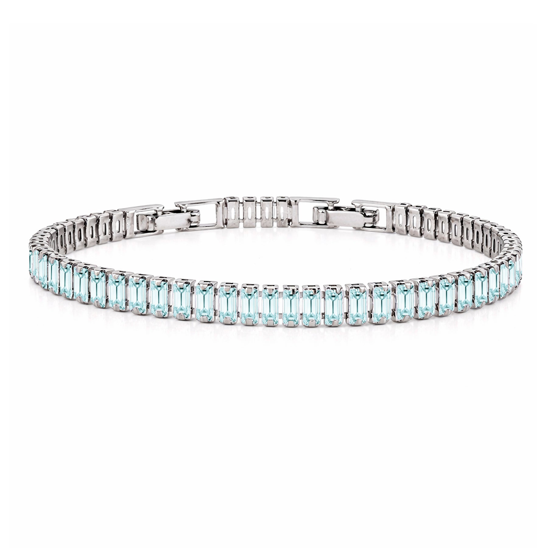 JeenMata 5.5 Carat March Aquamarine - Emerald Cut Birthstone Tennis Bracelet Eternity Design - White Gold Plating, Female, Adult