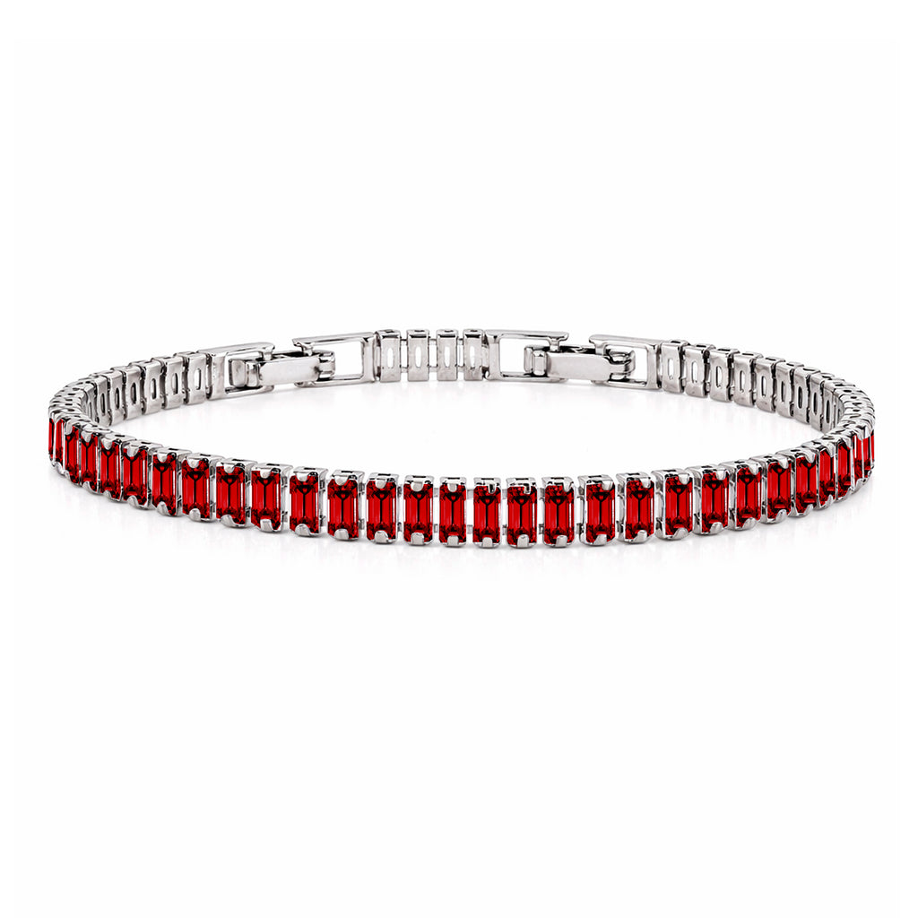 JeenMata 5.5 Carat July Ruby - Emerald Cut Birthstone Tennis Bracelet Eternity Design - White Gold Plating, Female, Adult