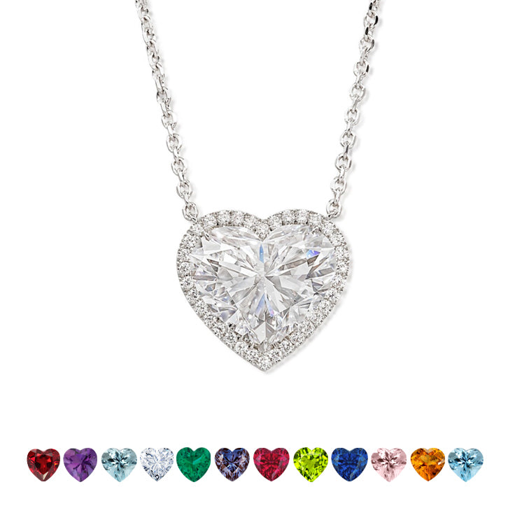 JeenMata 2 Carat Cubic Zirconia - April Birthstone Elegant Heart Shaped Halo Pendant Necklace - 18K White Gold Plating for Women