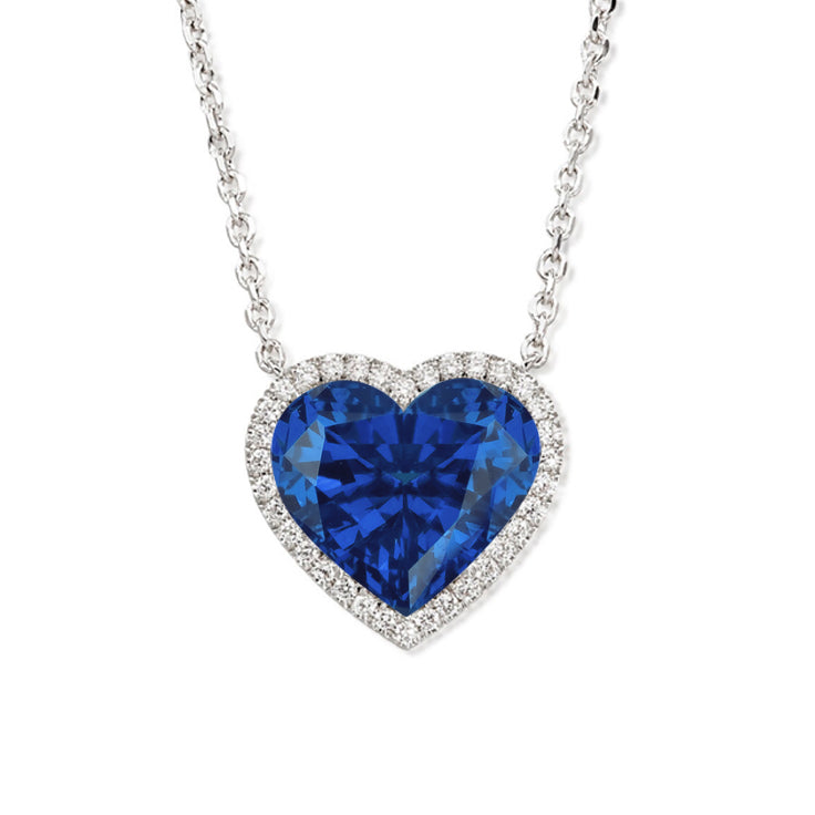 JeenMata 2 Carat Blue Sapphire - September Birthstone Elegant Heart Shaped Halo Pendant Necklace - 18K White Gold Plating for Women