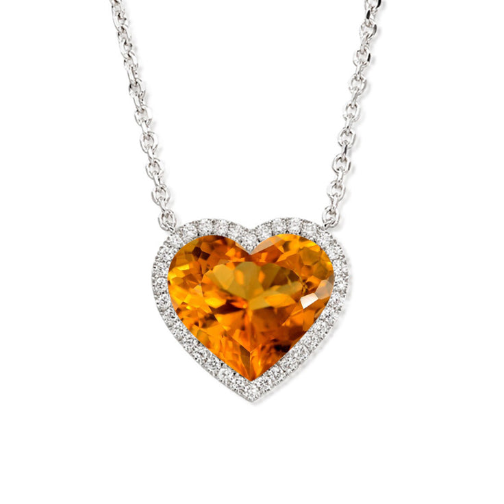 JeenMata 2 Carat Citrine - November Birthstone Elegant Heart Shaped Halo Pendant Necklace - 18K White Gold Plating for Women