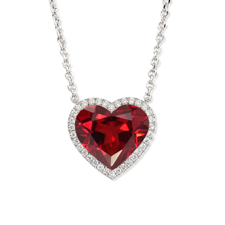 JeenMata 2 Carat Garnet - January Birthstone Elegant Heart Shaped Halo Pendant Necklace - 18K White Gold Plating for Women