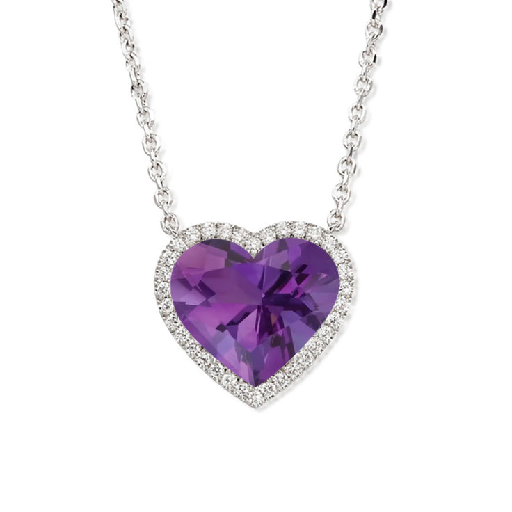JeenMata 2 Carat Amethyst - February Birthstone Elegant Heart Shaped Halo Pendant Necklace - 18K White Gold Plating for Women