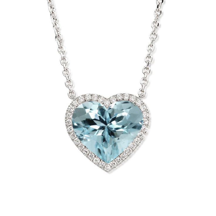 JeenMata 2 Carat Aquamarine - March Birthstone Elegant Heart Shaped Halo Pendant Necklace - 18K White Gold Plating for Women
