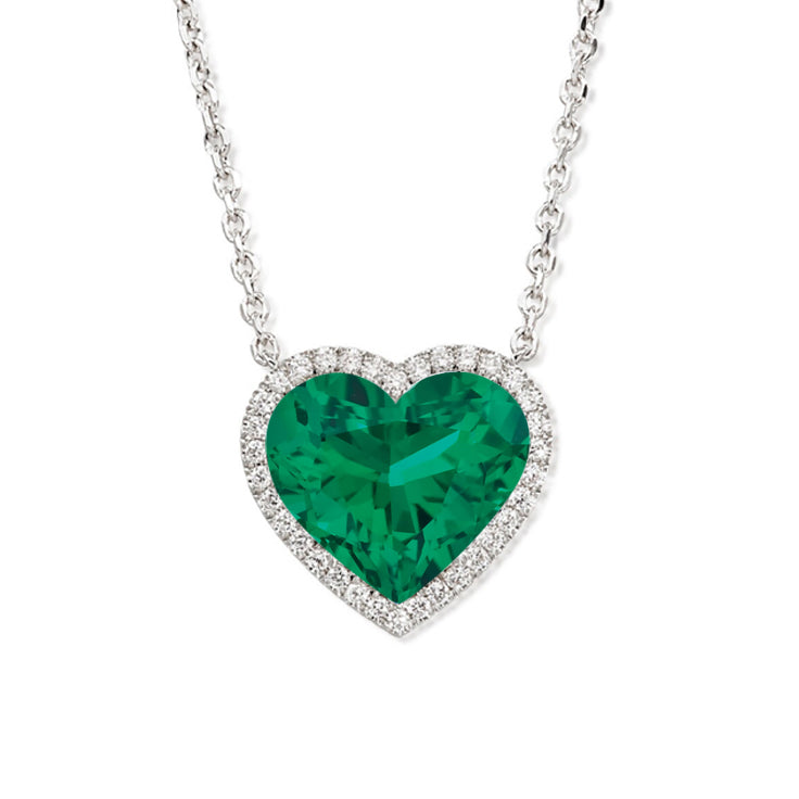 JeenMata 2 Carat Emerald - May Birthstone Elegant Heart Shaped Halo Pendant Necklace - 18K White Gold Plating for Women