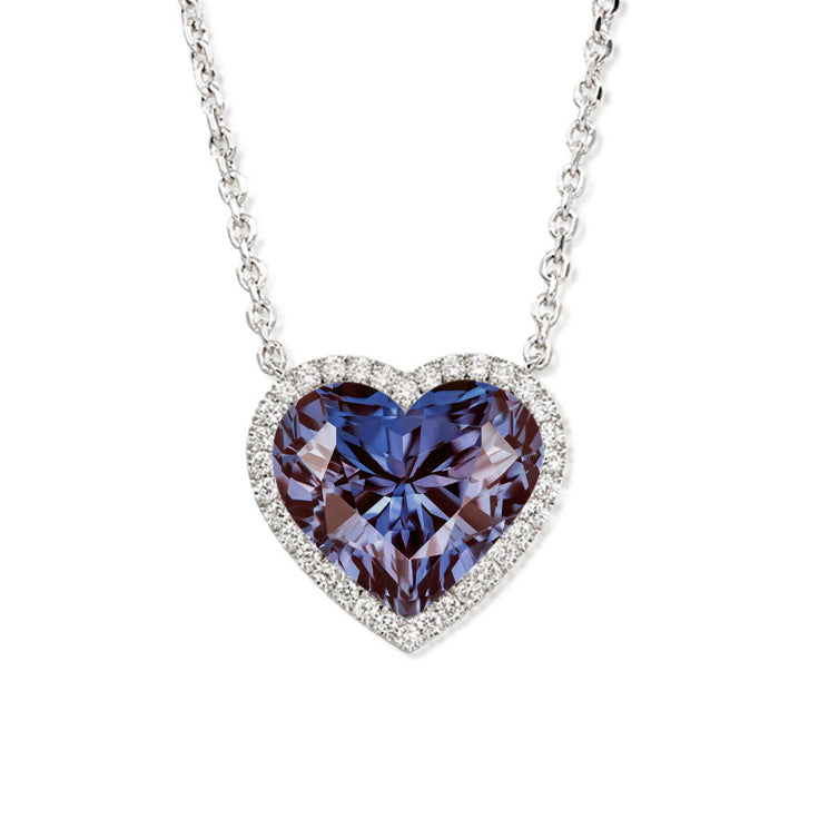JeenMata 2 Carat Alexandrite - June Birthstone Elegant Heart Shaped Halo Pendant Necklace - 18K White Gold Plating for Women