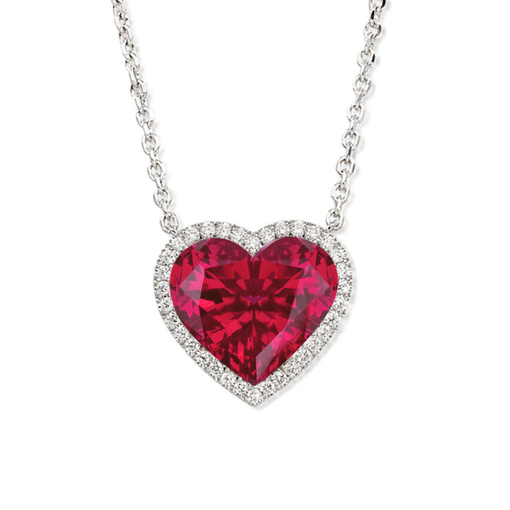 JeenMata 2 Carat Ruby - July Birthstone Elegant Heart Shaped Halo Pendant Necklace - 18K White Gold Plating for Women
