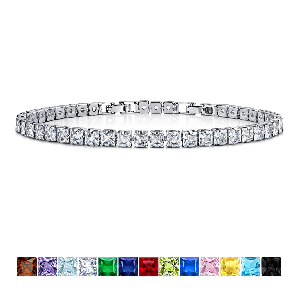 JeenMata 5.5 TCW April Cubic Zirconia - Princess Cut Birthstone Tennis Bracelet for Women Eternity Design - White Gold Plating, Birthday, Anniversary, Valentine's Day Gift
