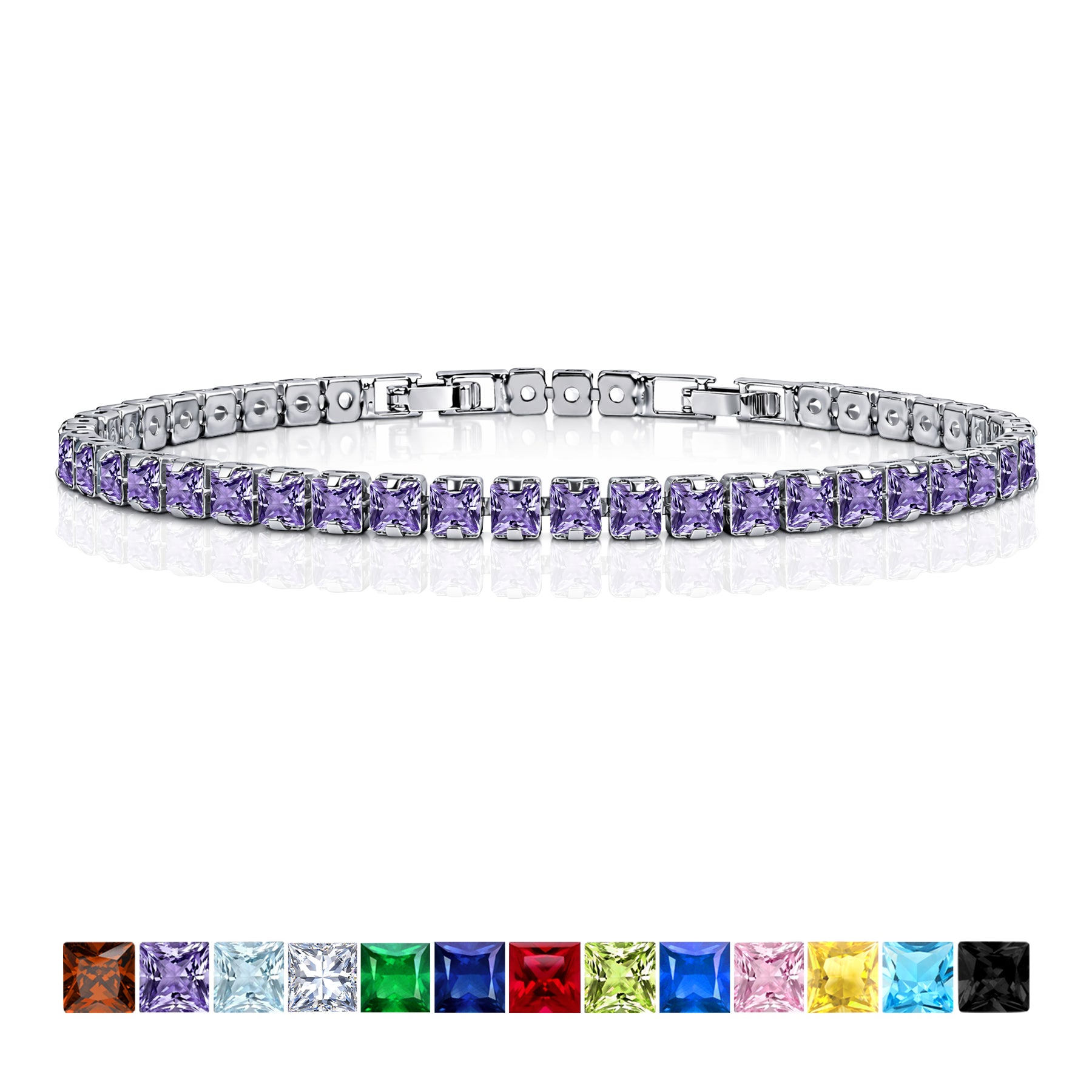 JeenMata 11 Carat February Amethyst - Princess Cut Birthstone Tennis Bracelet for Women Eternity Design - White Gold Plating, Birthday, Anniversary, Valentine's Day Gift