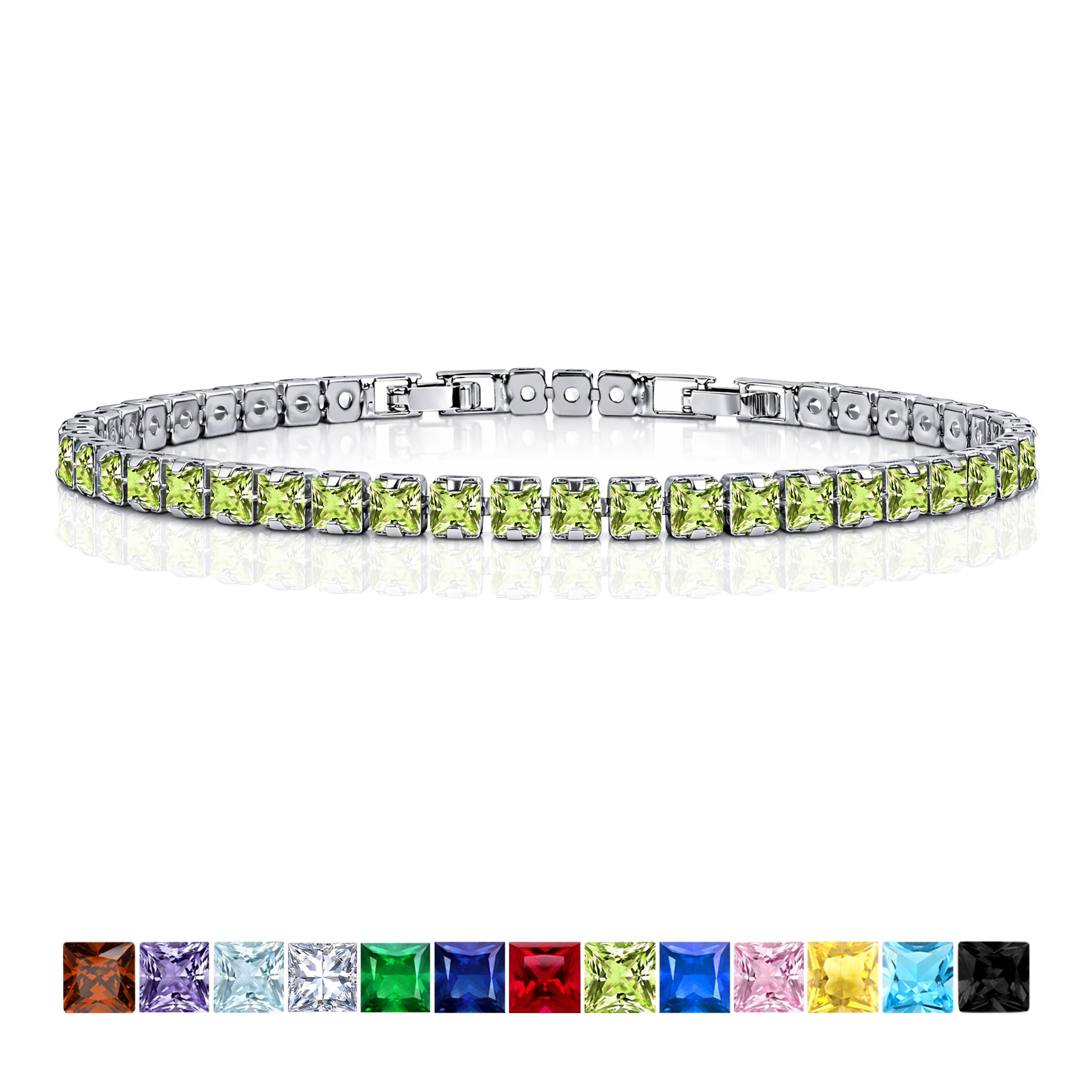 JeenMata 11 Carat August Peridot - Princess Cut Birthstone Tennis Bracelet for Women Eternity Design - White Gold Plating, Birthday, Anniversary, Valentine's Day Gift
