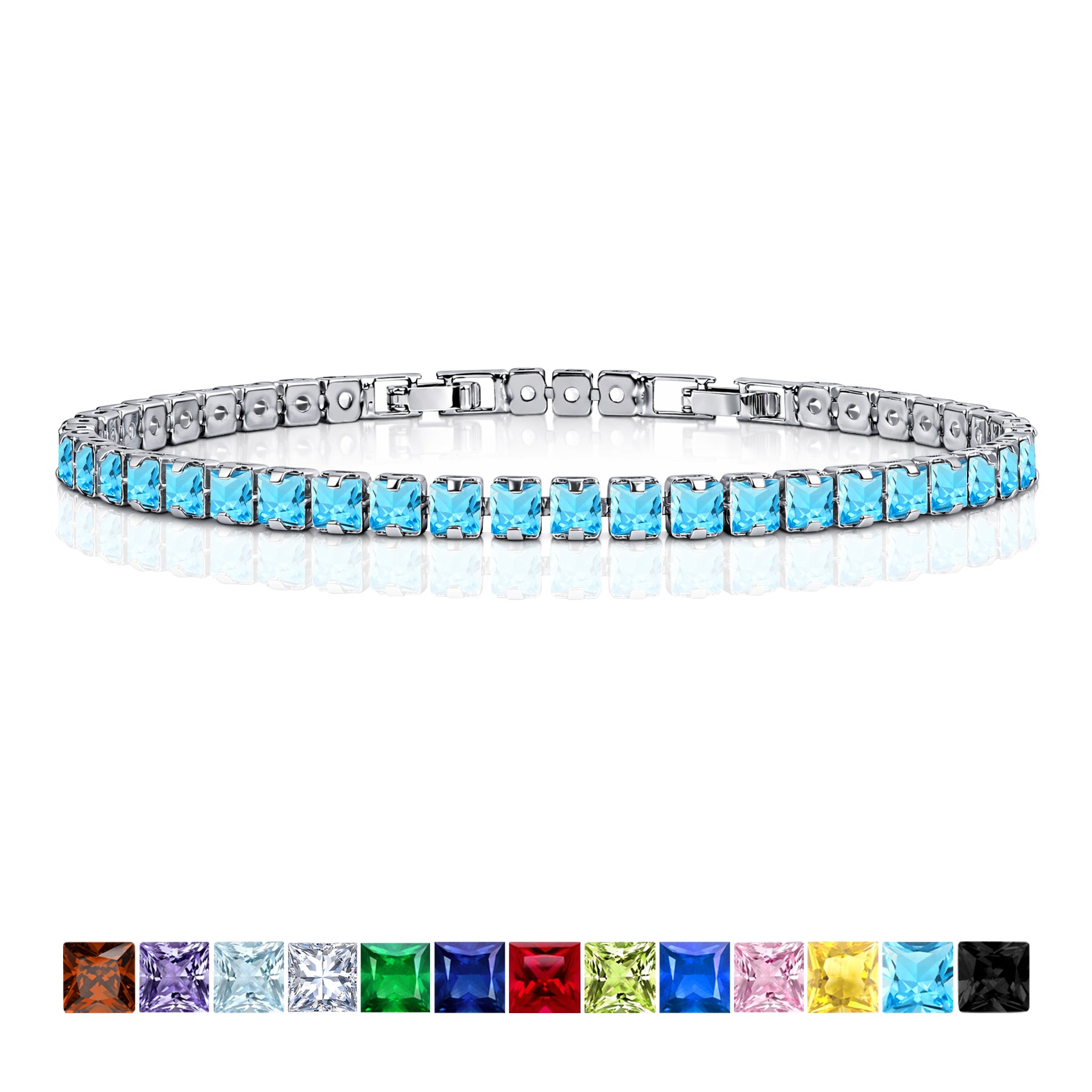 JeenMata 11 Carat December Blue Topaz - Princess Cut Birthstone Tennis Bracelet for Women Eternity Design - White Gold Plating, Birthday, Anniversary, Valentine's Day Gift