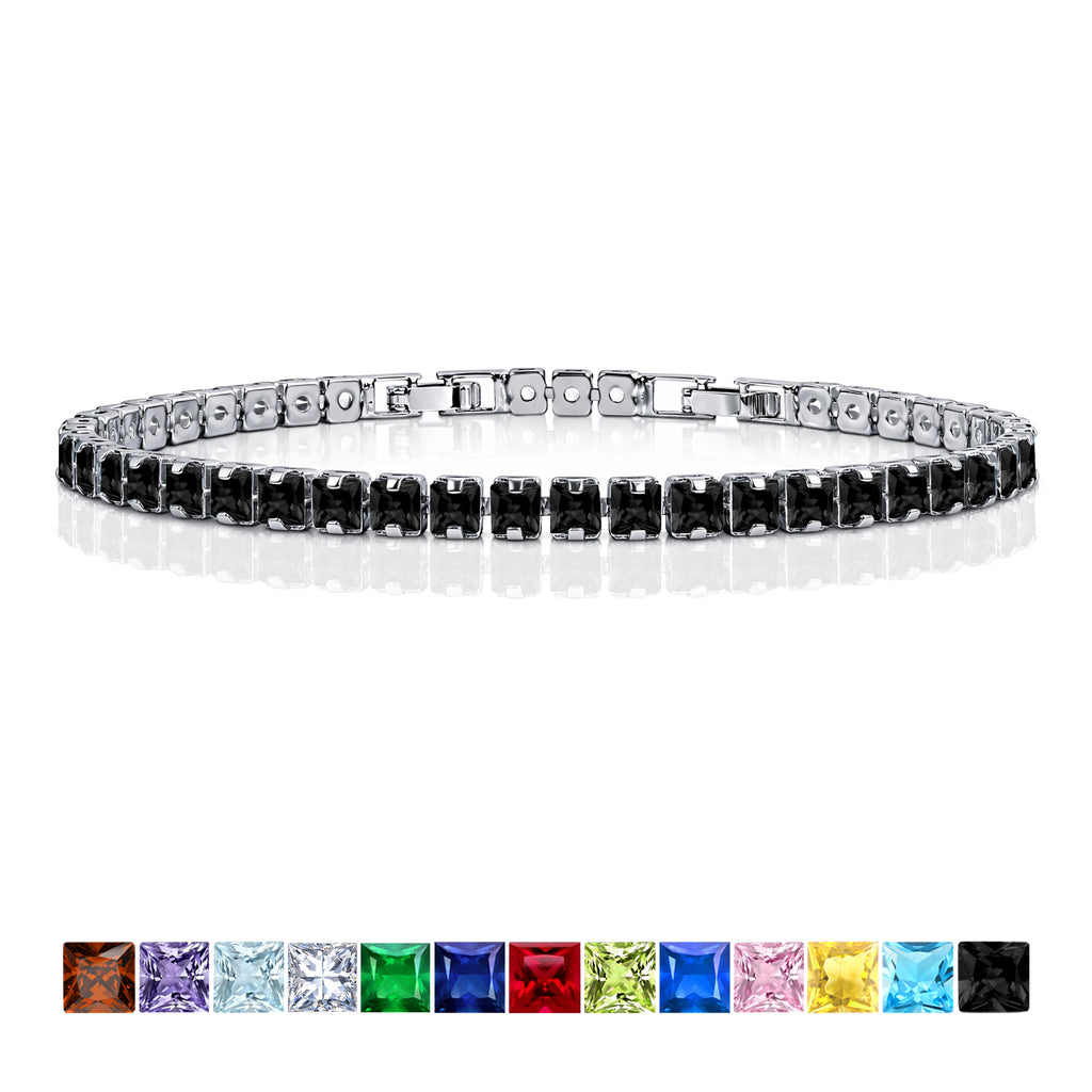 JeenMata 5.5 TCW Black Cubic Zirconia - Princess Cut Birthstone Tennis Bracelet for Women Eternity Design - White Gold Plating, Birthday, Anniversary, Valentine's Day Gift