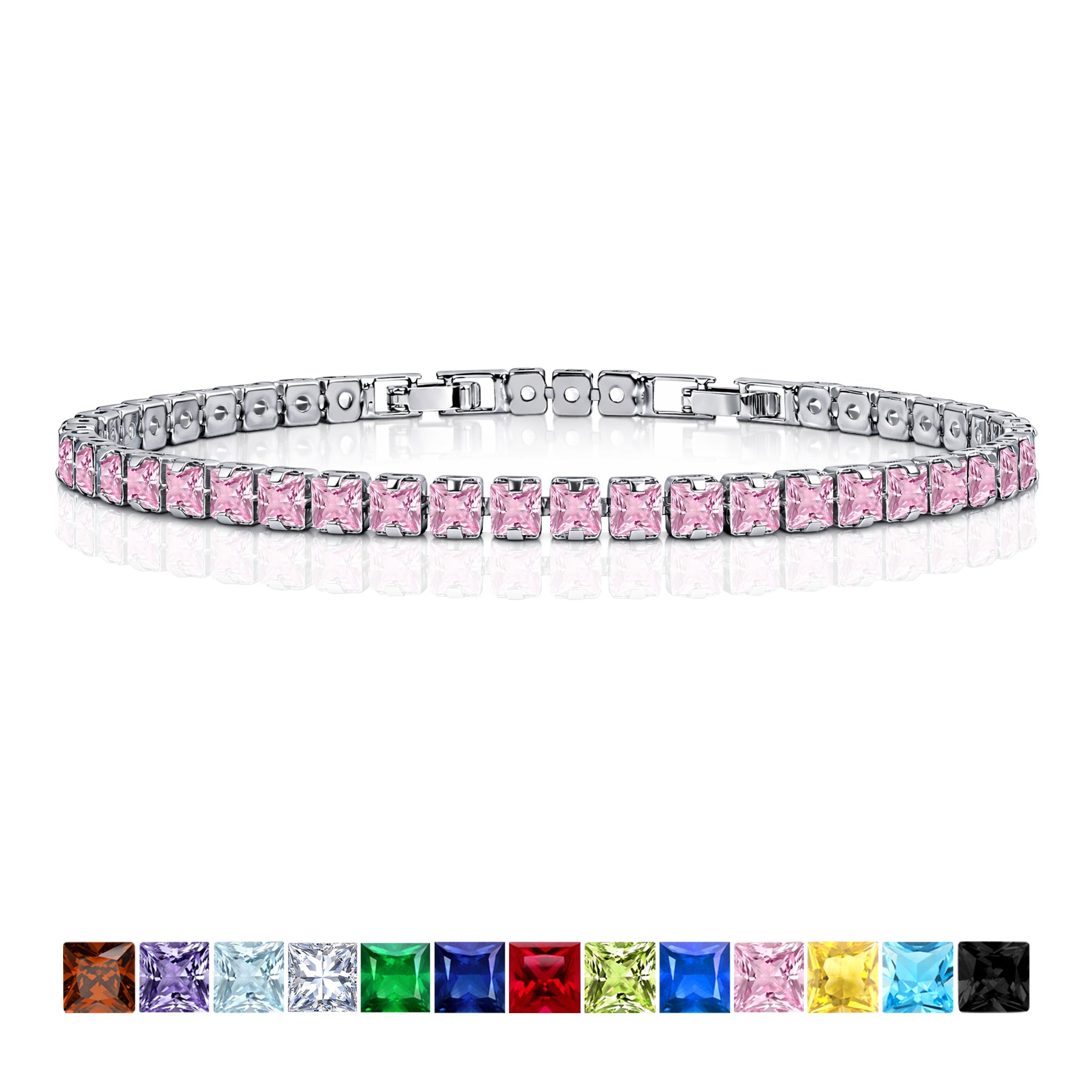 JeenMata 5.5 TCW October Pink Tourmaline - Princess Cut Birthstone Tennis Bracelet for Women Eternity Design - White Gold Plating, Birthday, Anniversary, Valentine's Day Gift