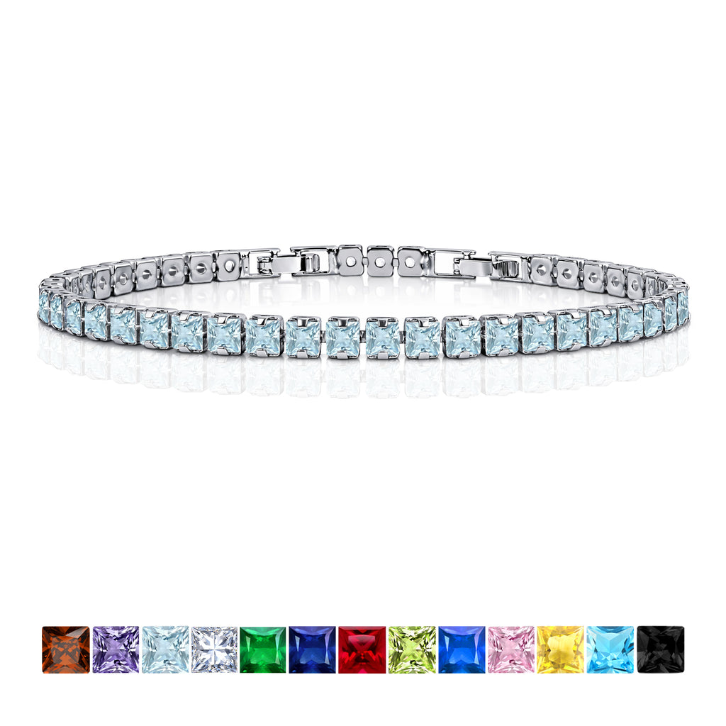 JeenMata 11 Carat March Aquamarine - Princess Cut Birthstone Tennis Bracelet for Women Eternity Design - White Gold Plating, Birthday, Anniversary, Valentine's Day Gift