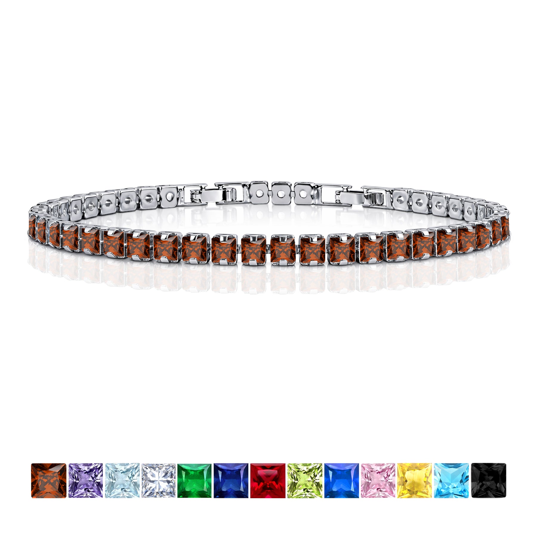 JeenMata 11 Carat January Garnet - Princess Cut Birthstone Tennis Bracelet for Women Eternity Design - White Gold Plating, Birthday, Anniversary, Valentine's Day Gift