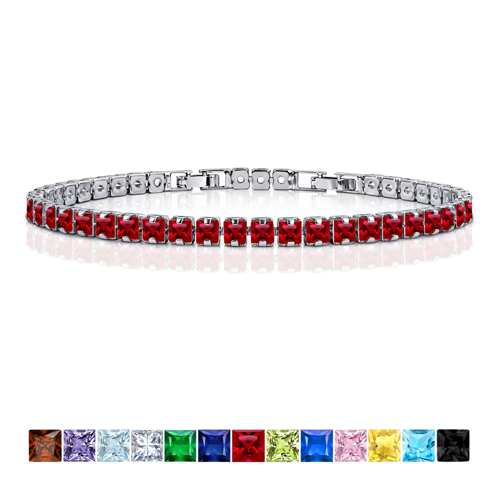 JeenMata 5.5 TCW July Ruby - Princess Cut Birthstone Tennis Bracelet for Women Eternity Design - White Gold Plating, Birthday, Anniversary, Valentine's Day Gift