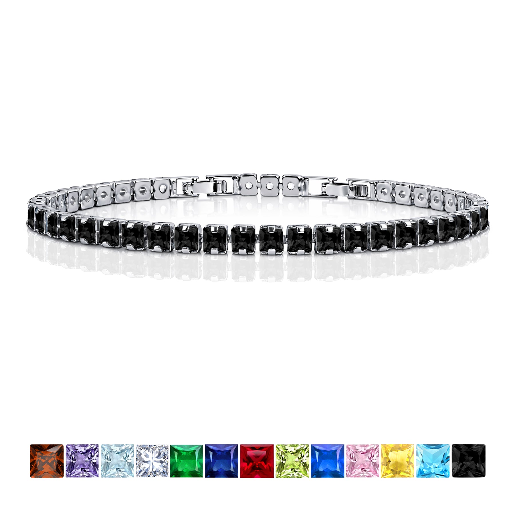 JeenMata 11 Carat Black Cubic Zirconia - Princess Cut Birthstone Tennis Bracelet for Women Eternity Design - White Gold Plating, Birthday, Anniversary, Valentine's Day Gift