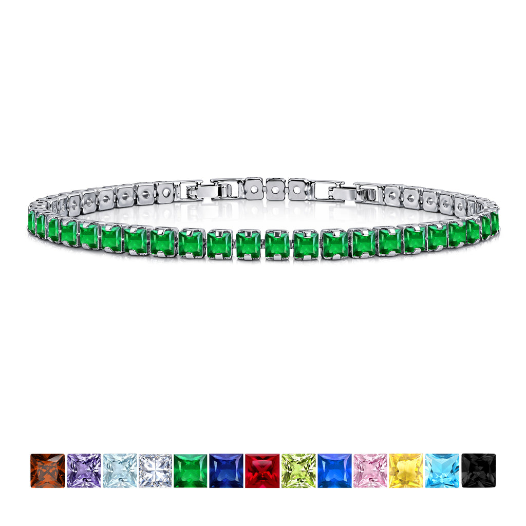 JeenMata 11 Carat May Emerald - Princess Cut Birthstone Tennis Bracelet for Women Eternity Design - White Gold Plating, Birthday, Anniversary, Valentine's Day Gift