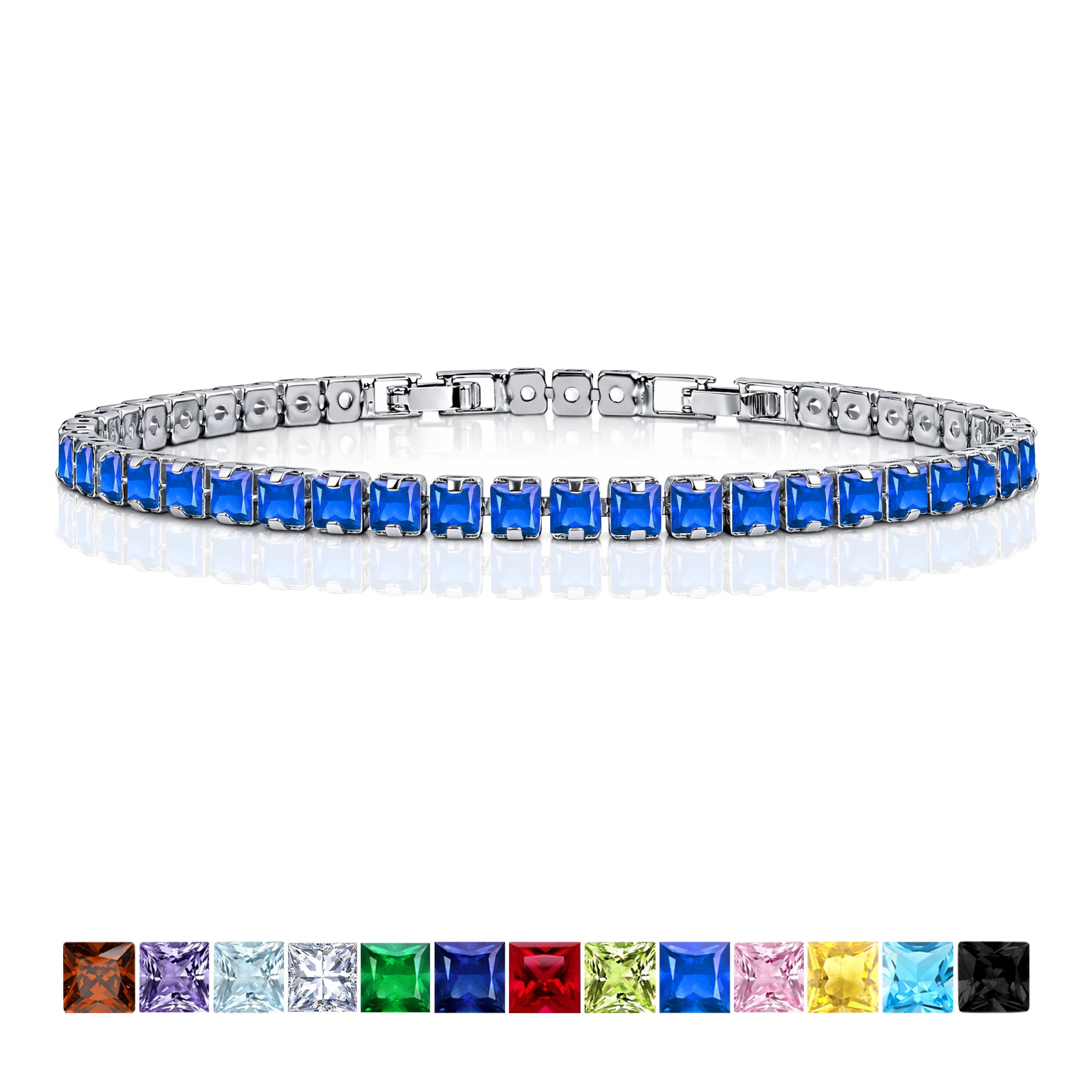 JeenMata 11 Carat September Blue Sapphire - Princess Cut Birthstone Tennis Bracelet for Women Eternity Design - White Gold Plating, Birthday, Anniversary, Valentine's Day Gift