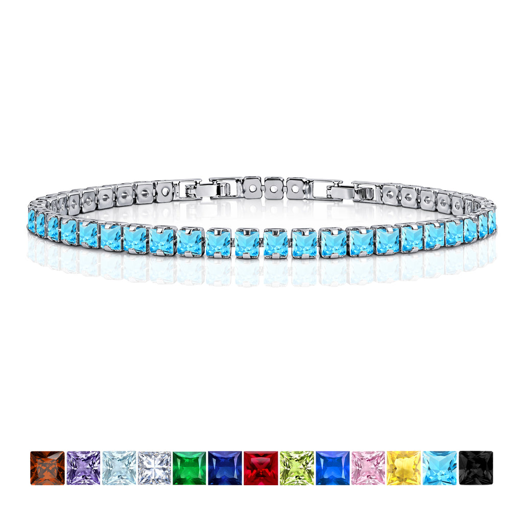 JeenMata 5.5 TCW December Blue Topaz - Princess Cut Birthstone Tennis Bracelet for Women Eternity Design - White Gold Plating, Birthday, Anniversary, Valentine's Day Gift