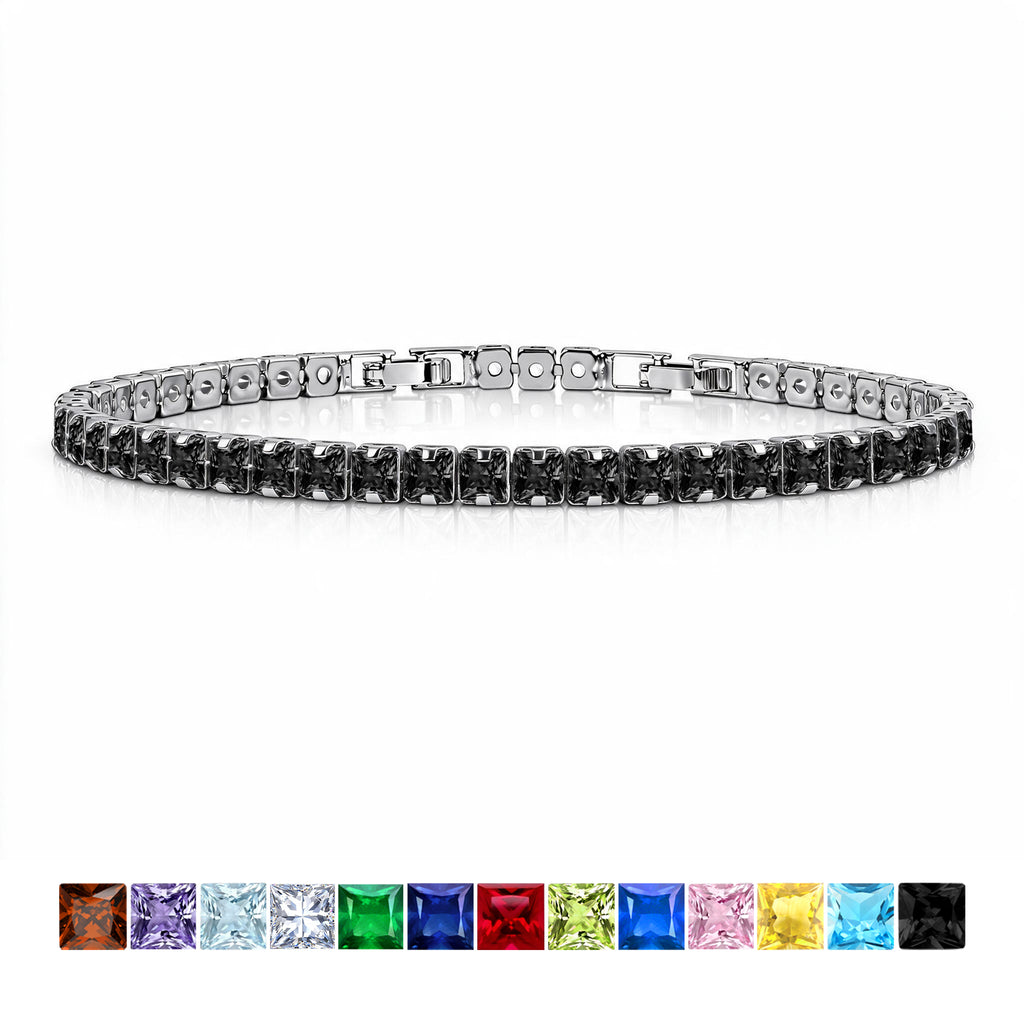 JeenMata 5.5 TCW Black Cubic Zirconia - Princess Cut Birthstone Tennis Bracelet for Women Eternity Design - White Gold Plating, Birthday, Anniversary, Valentine's Day Gift