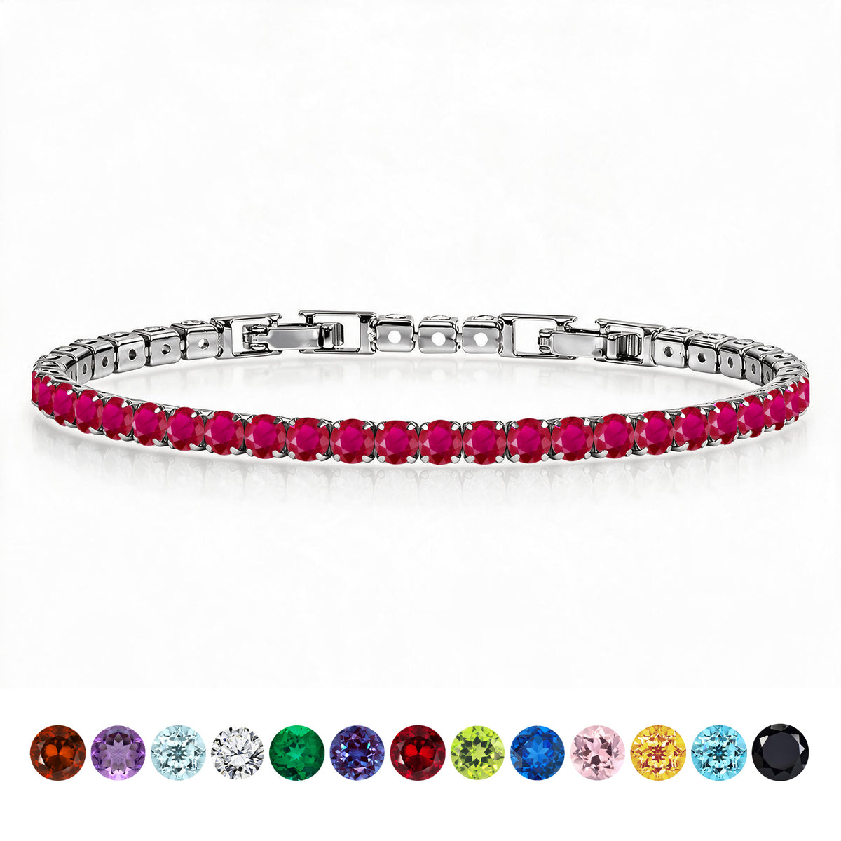 JeenMata 11 TCW July Ruby - Round Cut Birthstone Tennis Bracelet for Women in Eternity Design - White Gold Plating, Female, Adult