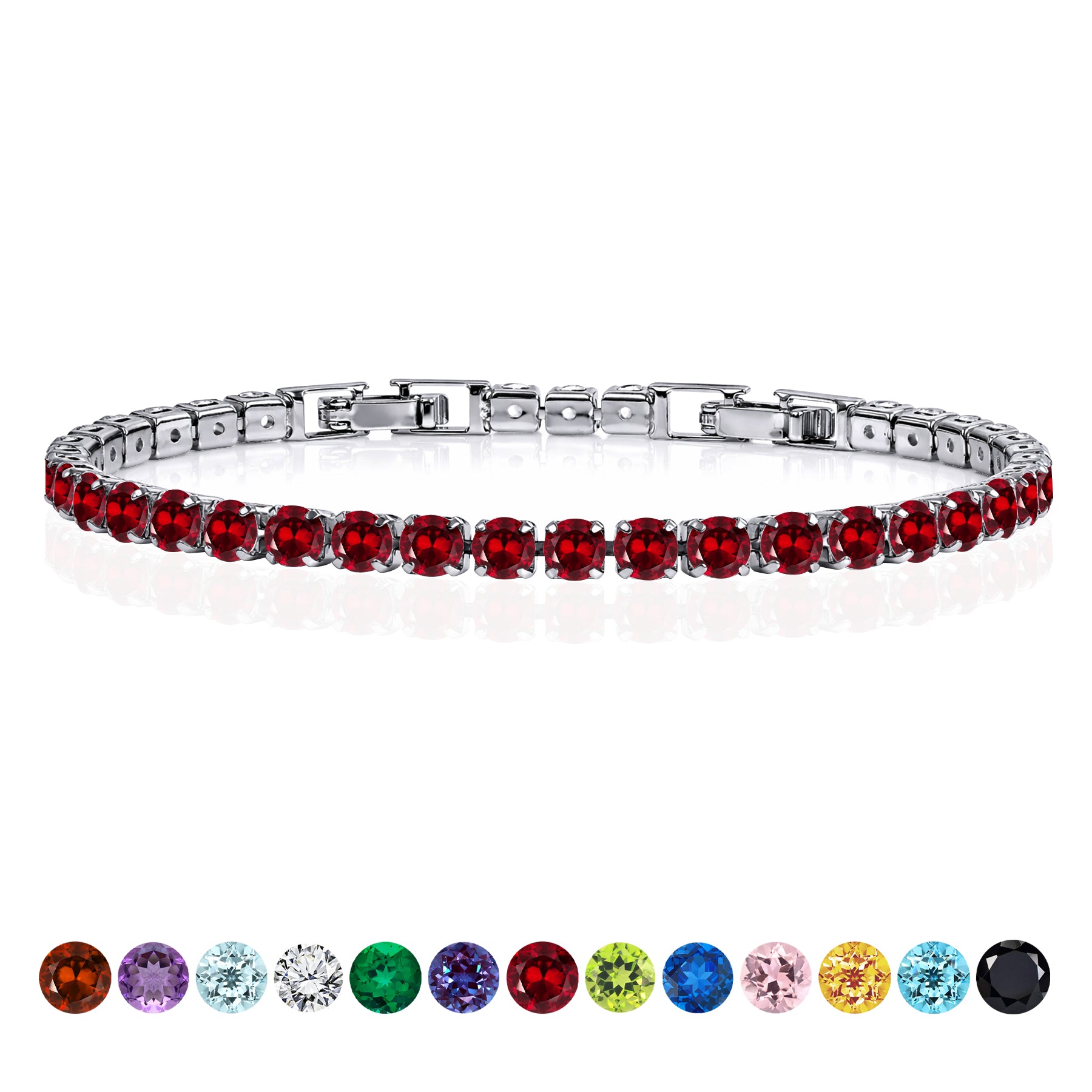 JeenMata 5.5 Carat July Ruby - Round Cut Birthstone Tennis Bracelet Eternity Design - White Gold Plating, Female, Adult