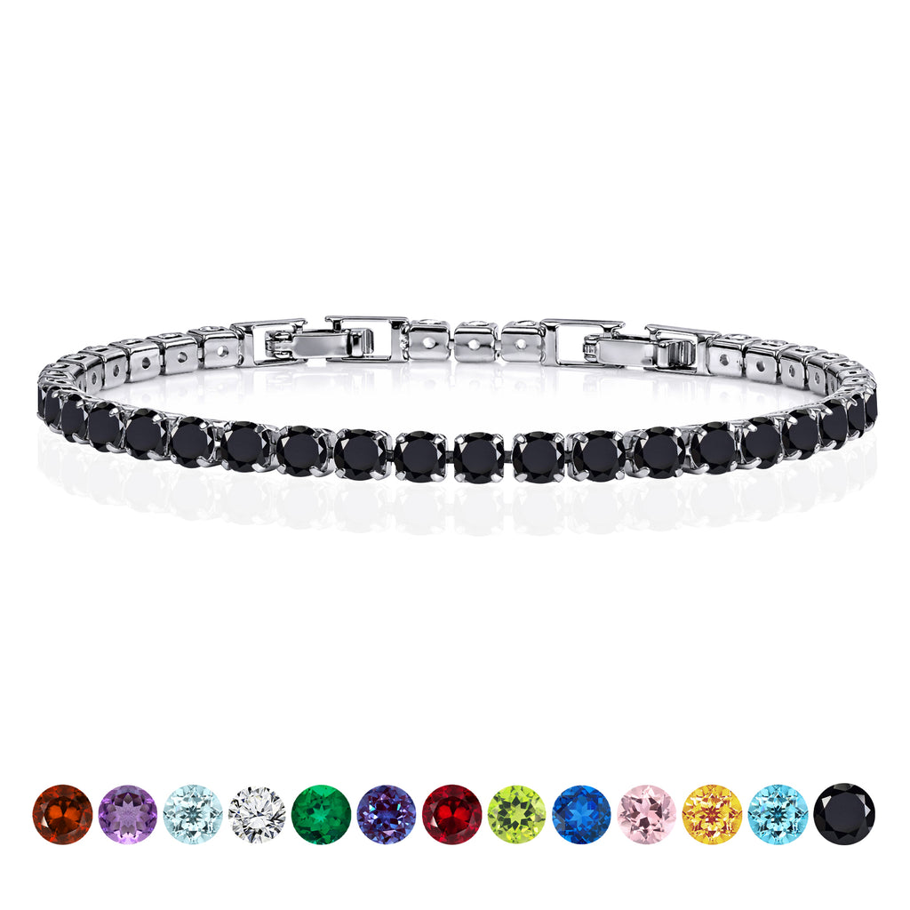 JeenMata 5.5 Carat Black Cubic Zirconia - Round Cut Birthstone Tennis Bracelet Eternity Design - White Gold Plating, Female, Adult