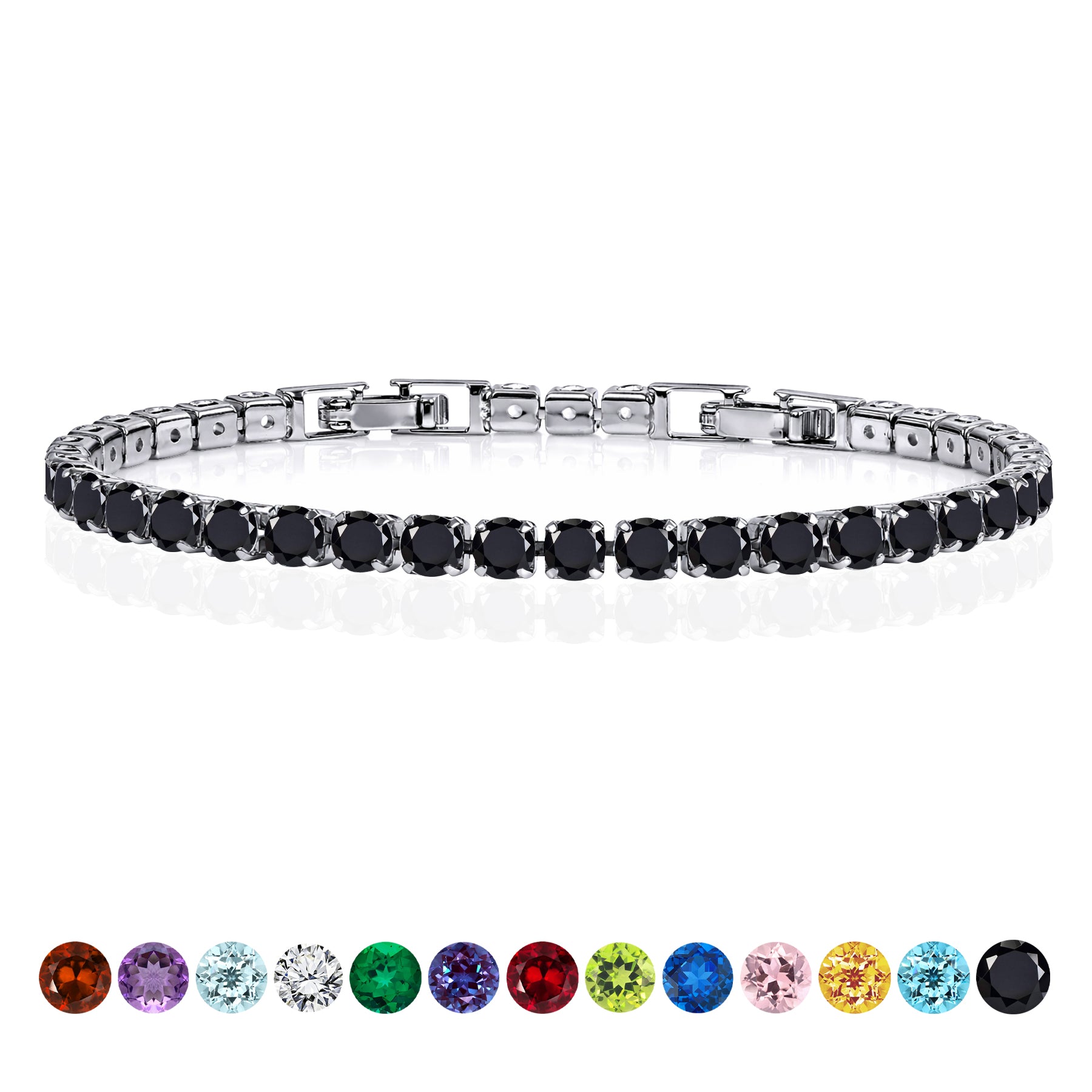 JeenMata 5.5 Carat Black Cubic Zirconia - Round Cut Birthstone Tennis Bracelet Eternity Design - White Gold Plating, Female, Adult