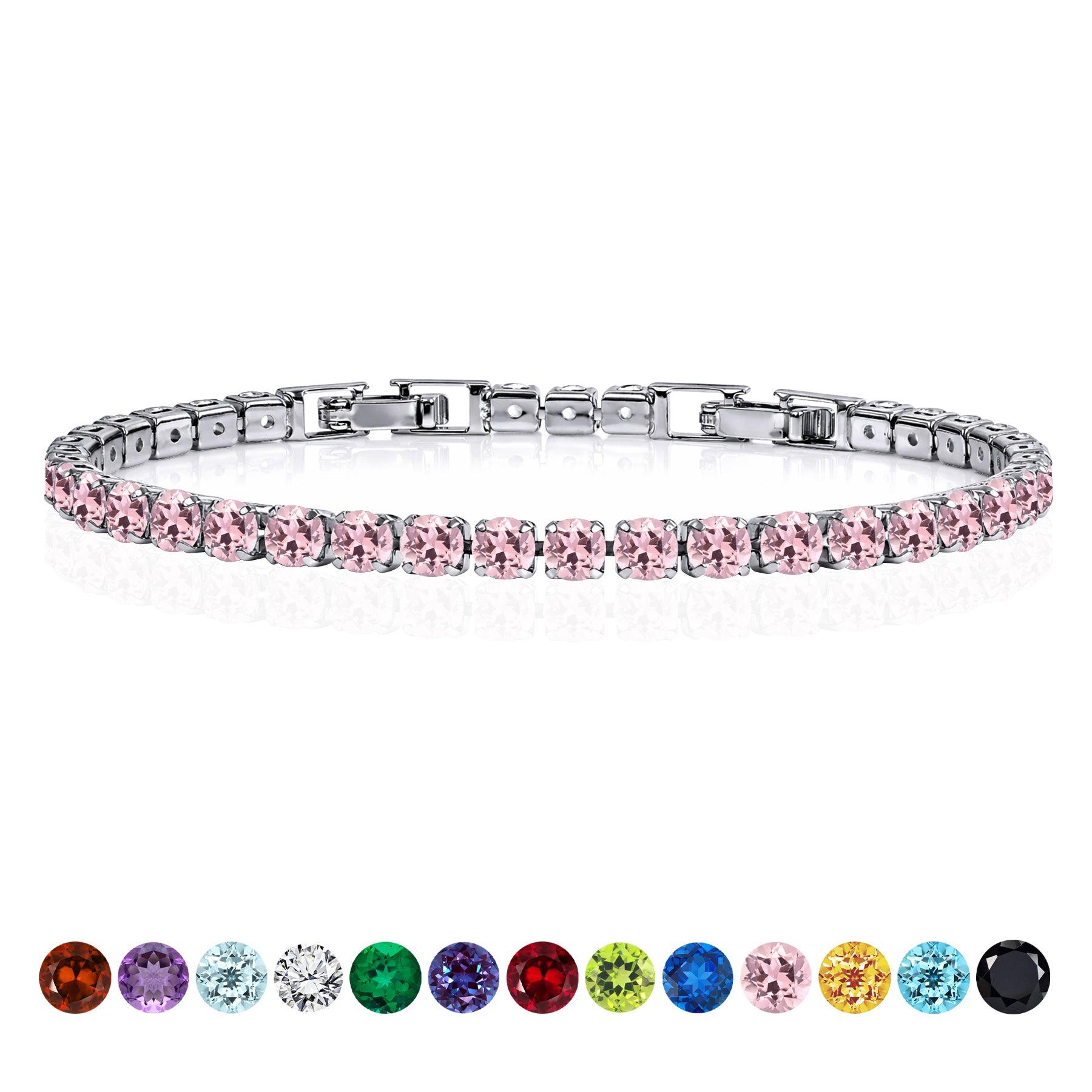 JeenMata 5.5 Carat October Pink Tourmaline - Round Cut Birthstone Tennis Bracelet Eternity Design - White Gold Plating, Female, Adult