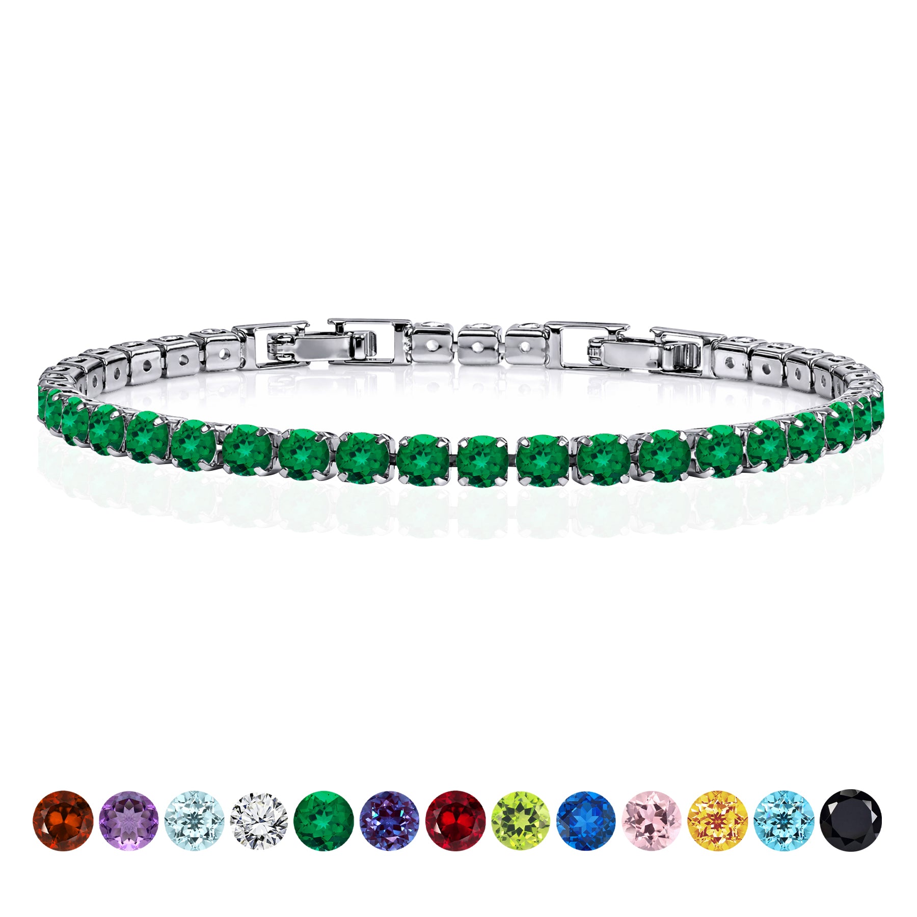 JeenMata 5.5 Carat May Emerald - Round Cut Birthstone Tennis Bracelet Eternity Design - White Gold Plating, Female, Adult