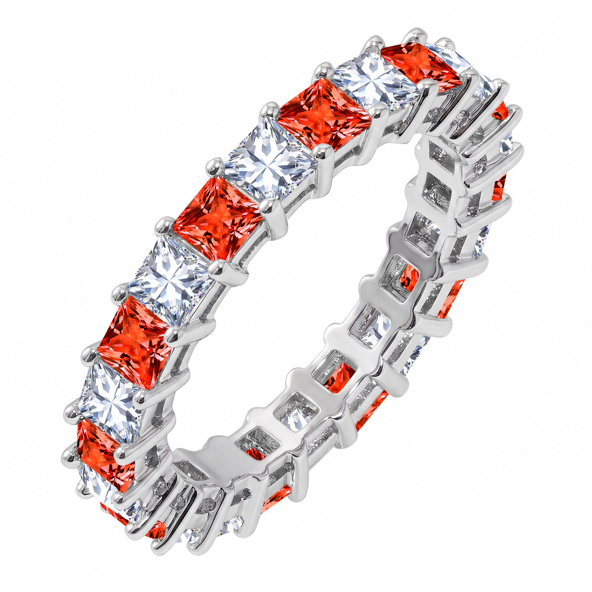 JeenMata 12 Carat Princess Cut January Birthstone - Multicolor Eternity Wedding Band - Garnet & Cubic Zirconia Rings in 18K White Gold Plating for Women