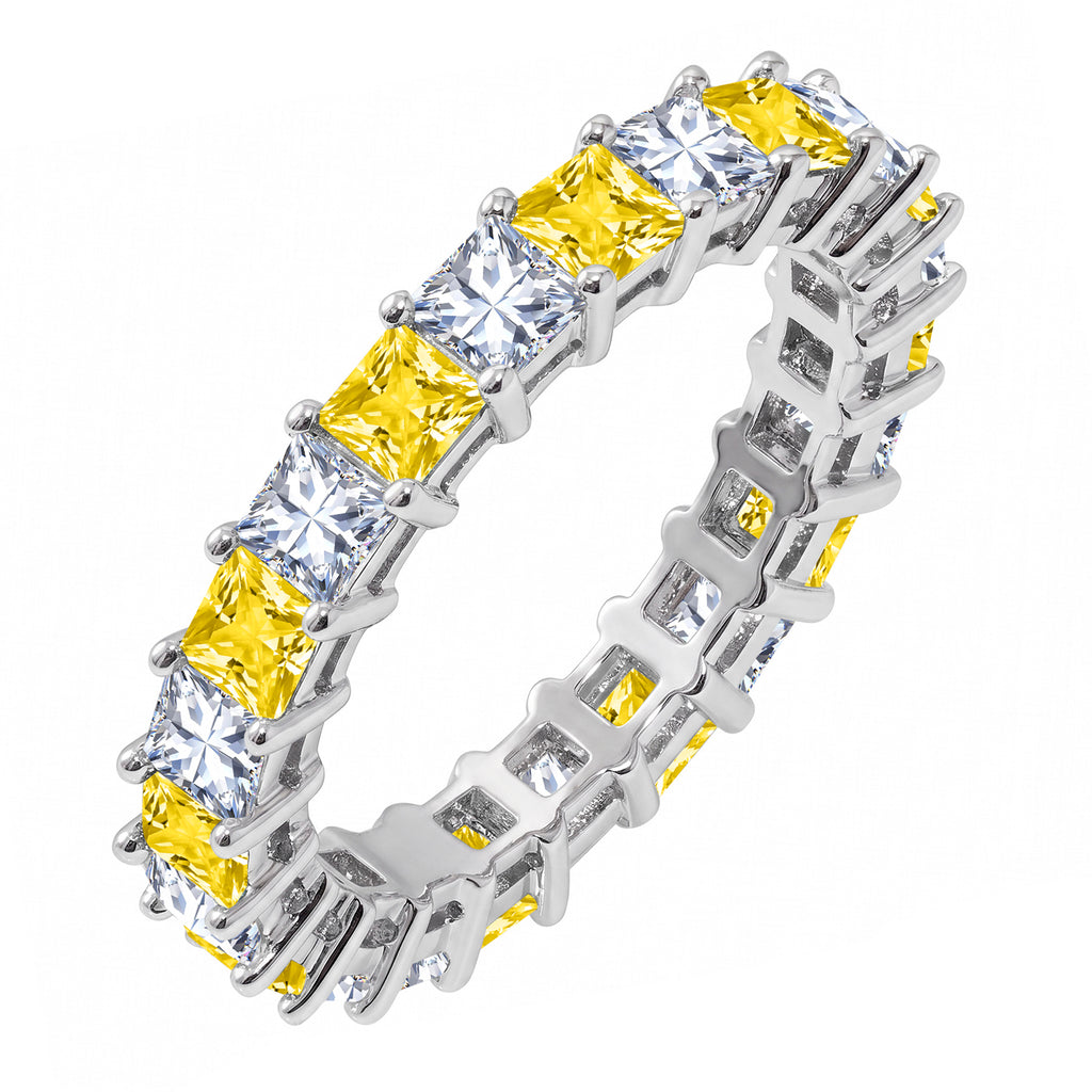 JeenMata 12 Carat Princess Cut November Birthstone - Multicolor Eternity Wedding Band - Citrine & Cubic Zirconia Rings in 18K White Gold Plating for Women