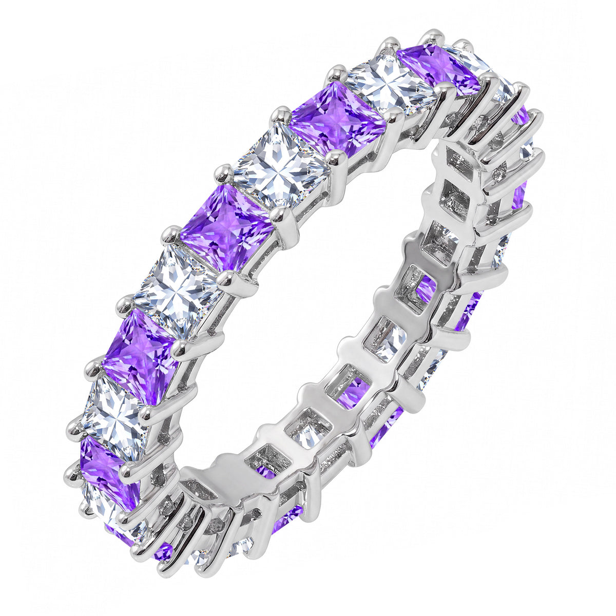 JeenMata 12 Carat Princess Cut February Birthstone - Multicolor Eternity Wedding Band - Amethyst & Cubic Zirconia Rings in 18K White Gold Plating for Women