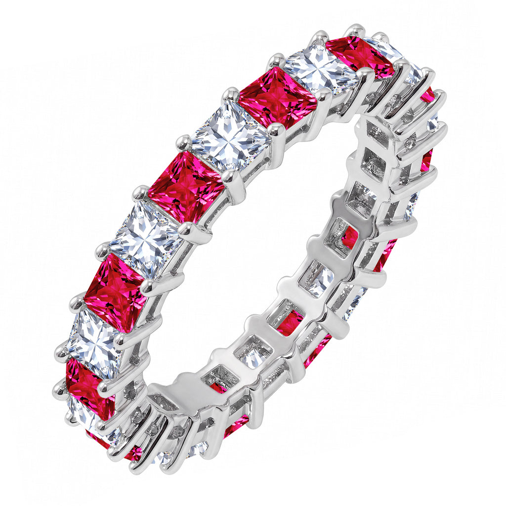 JeenMata 12 Carat Princess Cut July Birthstone - Multicolor Eternity Wedding Band - Ruby & Cubic Zirconia Rings in 18K White Gold Plating for Women