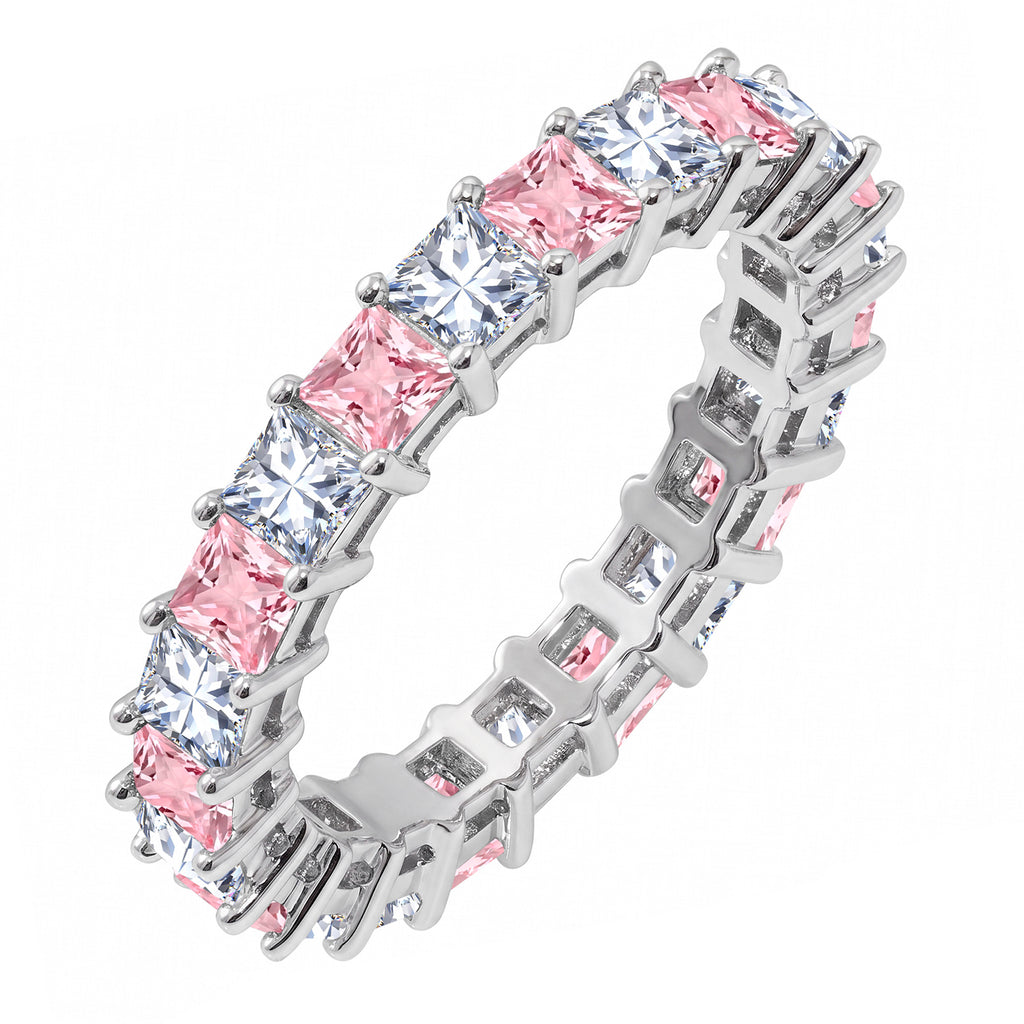 JeenMata 12 Carat Princess Cut October Birthstone - Multicolor Eternity Wedding Band - Pink Tourmaline & Cubic Zirconia Rings in 18K White Gold Plating for Women