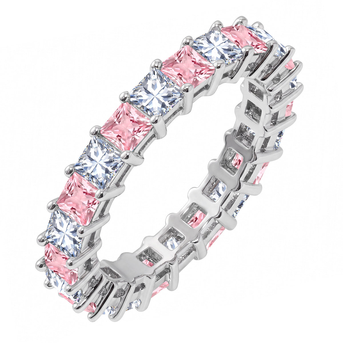 JeenMata 12 Carat Princess Cut October Birthstone - Multicolor Eternity Wedding Band - Pink Tourmaline & Cubic Zirconia Rings in 18K White Gold Plating for Women