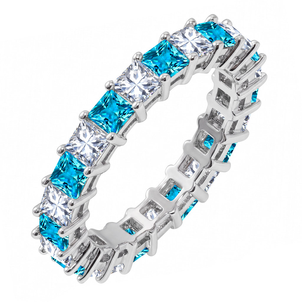 JeenMata 12 Carat Princess Cut December Birthstone - Multicolor Eternity Wedding Band - Blue Topaz & Cubic Zirconia Rings in 18K White Gold Plating for Women