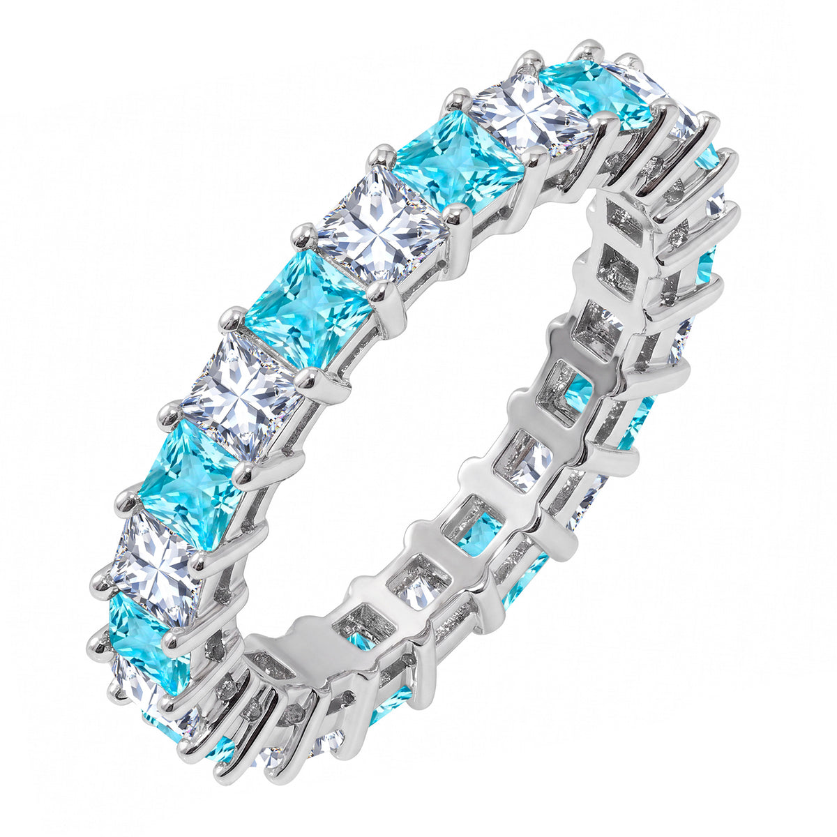 JeenMata 12 Carat Princess Cut March Birthstone - Multicolor Eternity Wedding Band - Aquamarine & Cubic Zirconia Rings in 18K White Gold Plating for Women