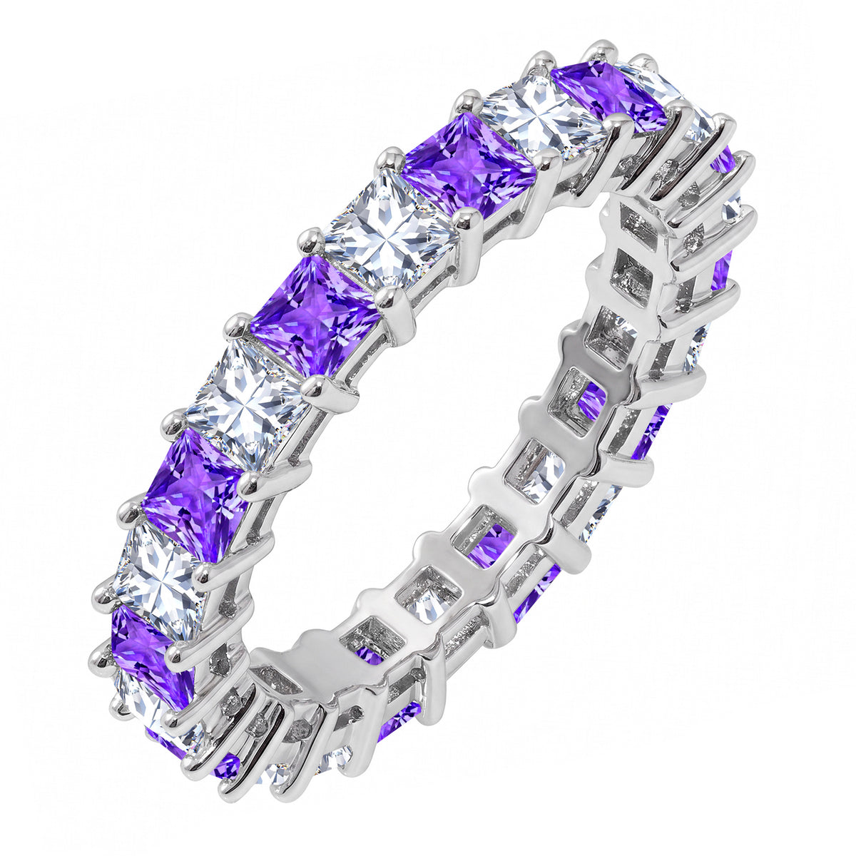 JeenMata 12 Carat Princess Cut June Birthstone - Multicolor Eternity Wedding Band - Alexandrite & Cubic Zirconia Rings in 18K White Gold Plating for Women