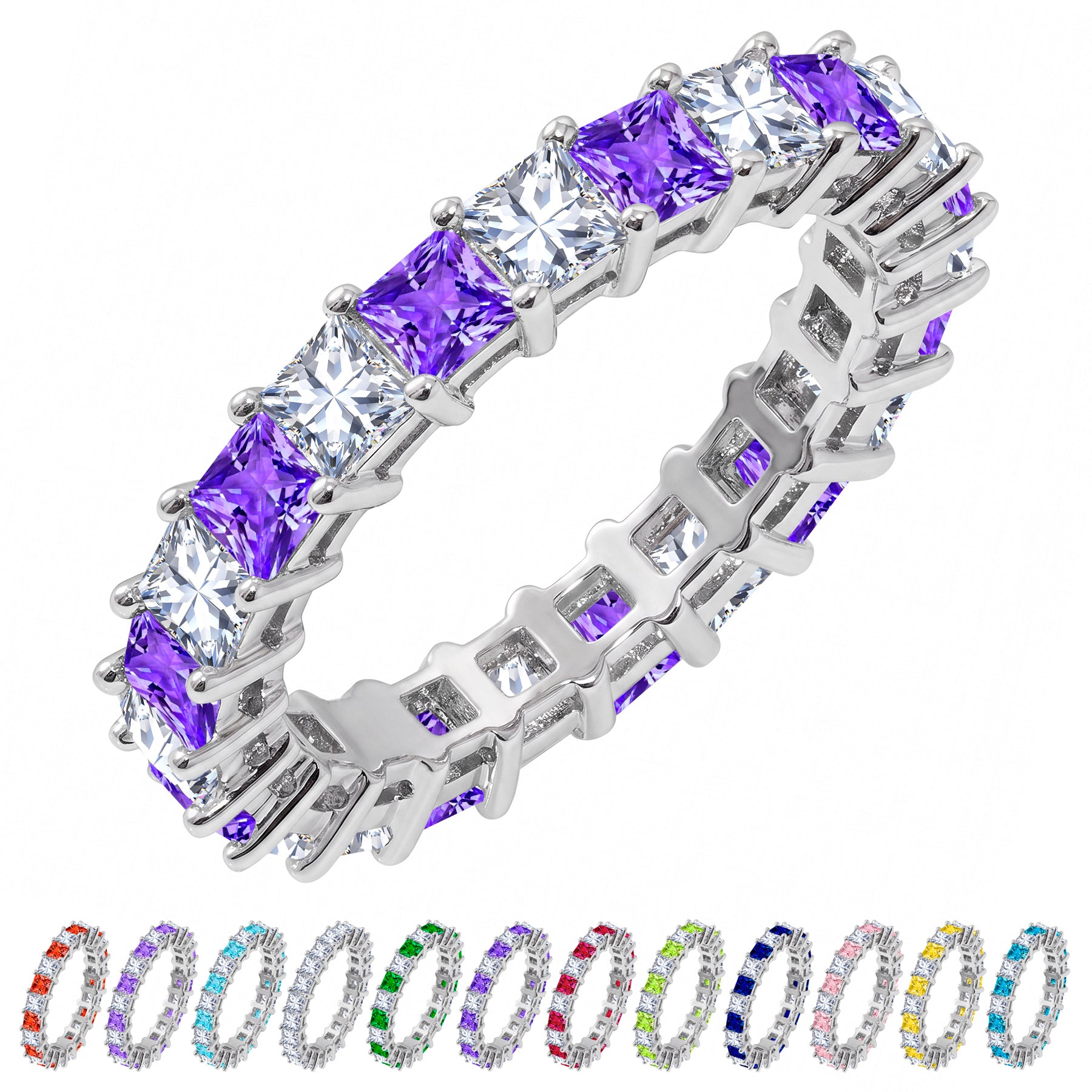 JeenMata 12 Carat Princess Cut June Birthstone - Multicolor Eternity Wedding Band - Alexandrite & Cubic Zirconia Rings in 18K White Gold Plating for Women