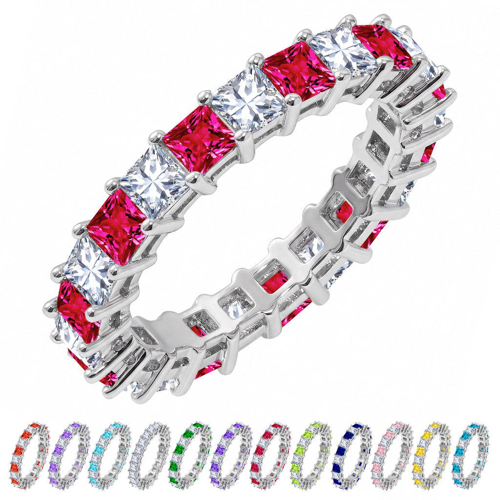 JeenMata 12 Carat Princess Cut July Birthstone - Multicolor Eternity Wedding Band - Ruby & Cubic Zirconia Rings in 18K White Gold Plating for Women
