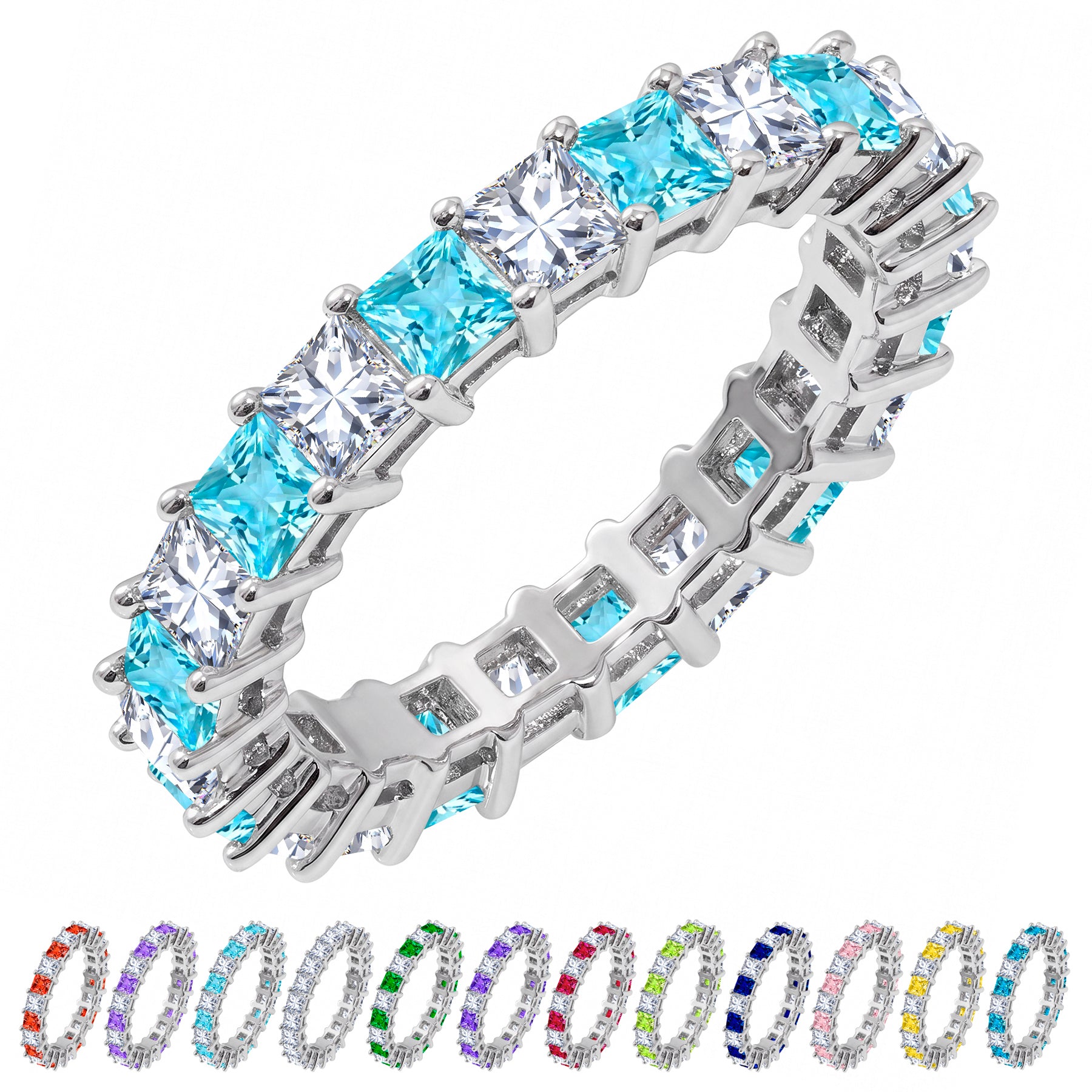 JeenMata 12 Carat Princess Cut March Birthstone - Multicolor Eternity Wedding Band - Aquamarine & Cubic Zirconia Rings in 18K White Gold Plating for Women