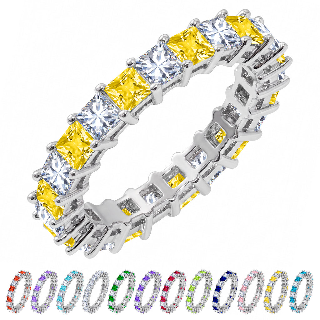 JeenMata 12 Carat Princess Cut November Birthstone - Multicolor Eternity Wedding Band - Citrine & Cubic Zirconia Rings in 18K White Gold Plating for Women