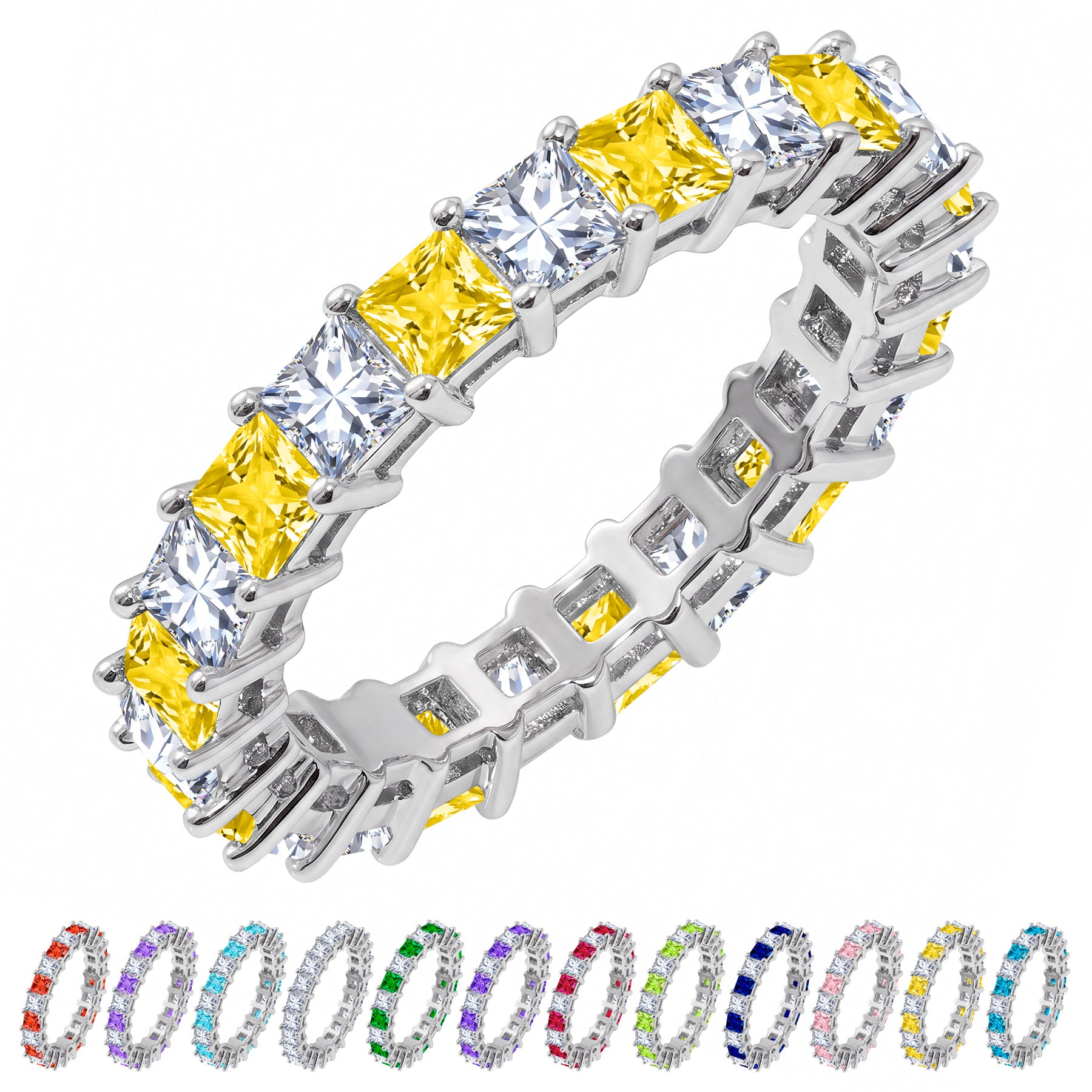 JeenMata 12 Carat Princess Cut November Birthstone - Multicolor Eternity Wedding Band - Citrine & Cubic Zirconia Rings in 18K White Gold Plating for Women