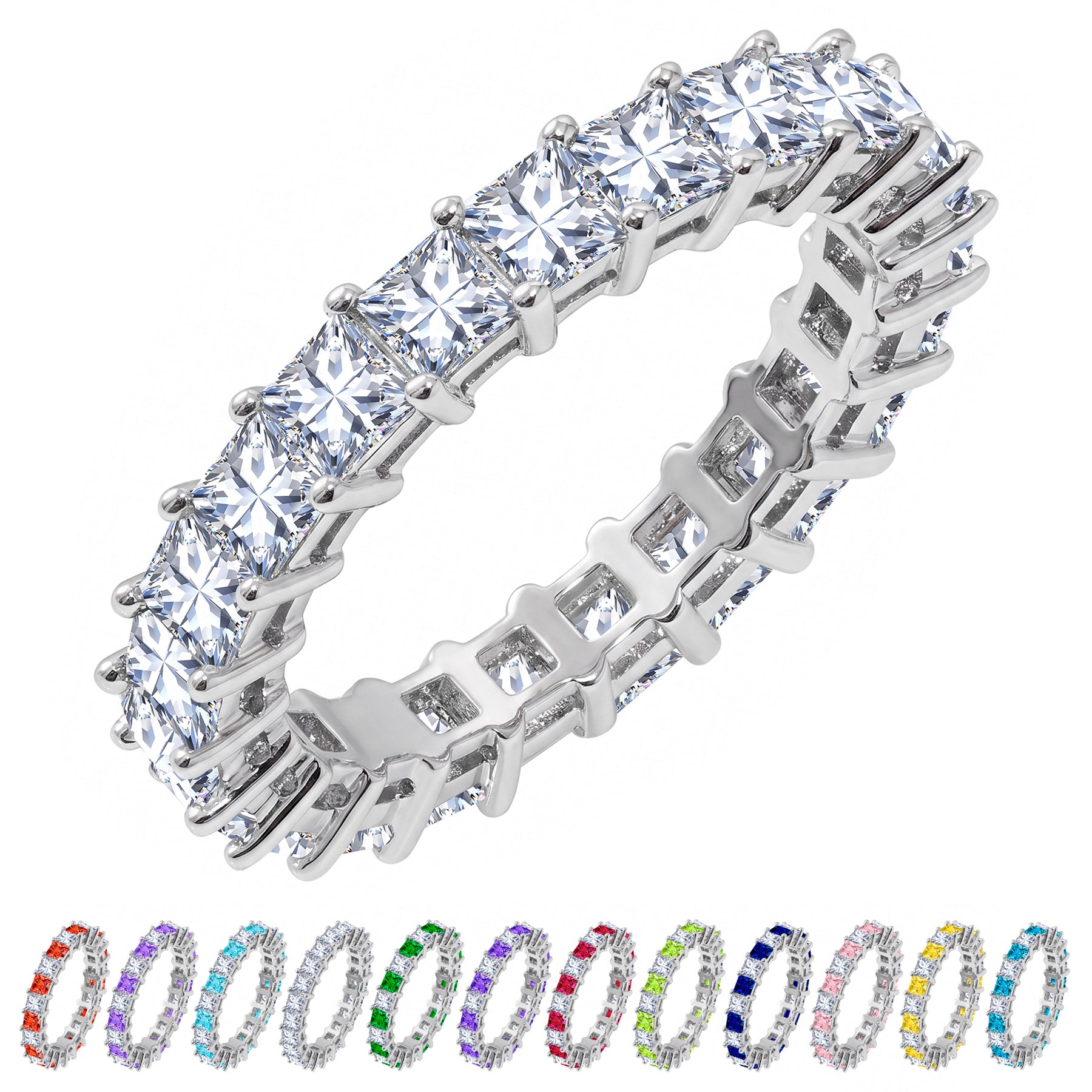 JeenMata 12 Carat Princess Cut April Birthstone - Multicolor Eternity Wedding Band - Cubic Zirconia Rings in 18K White Gold Plating for Women
