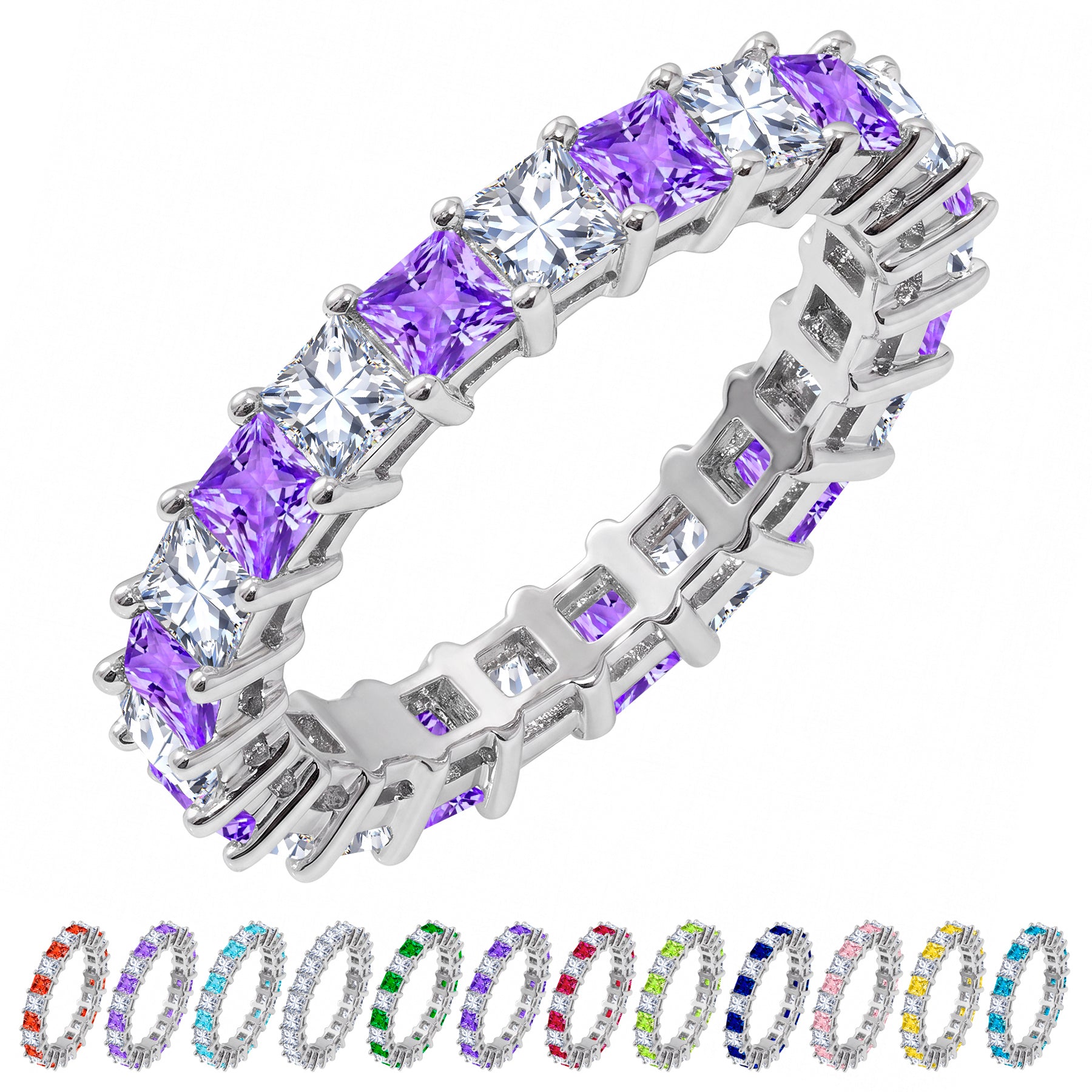 JeenMata 12 Carat Princess Cut February Birthstone - Multicolor Eternity Wedding Band - Amethyst & Cubic Zirconia Rings in 18K White Gold Plating for Women